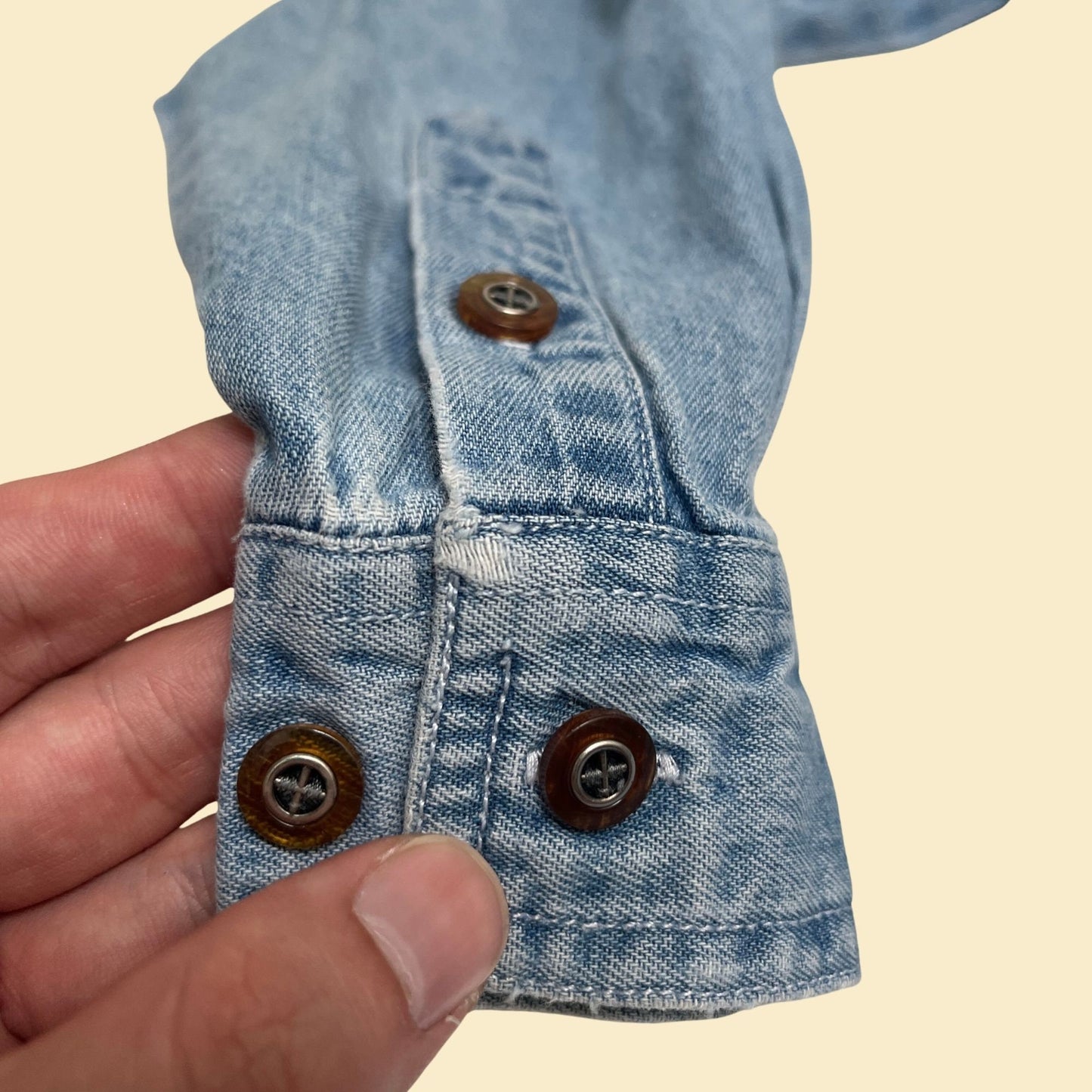 90s chambray shirt by Mountain Lake in size small, vintage 1990s denim button down with amber/brown buttons