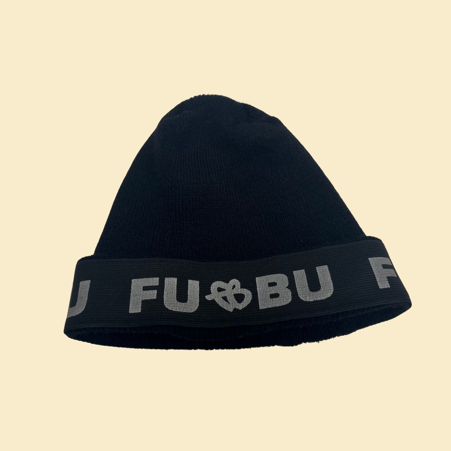 90s FUBU beanie, vintage 1990s knit FUBU hat with ribbed texture in black and grey/silver