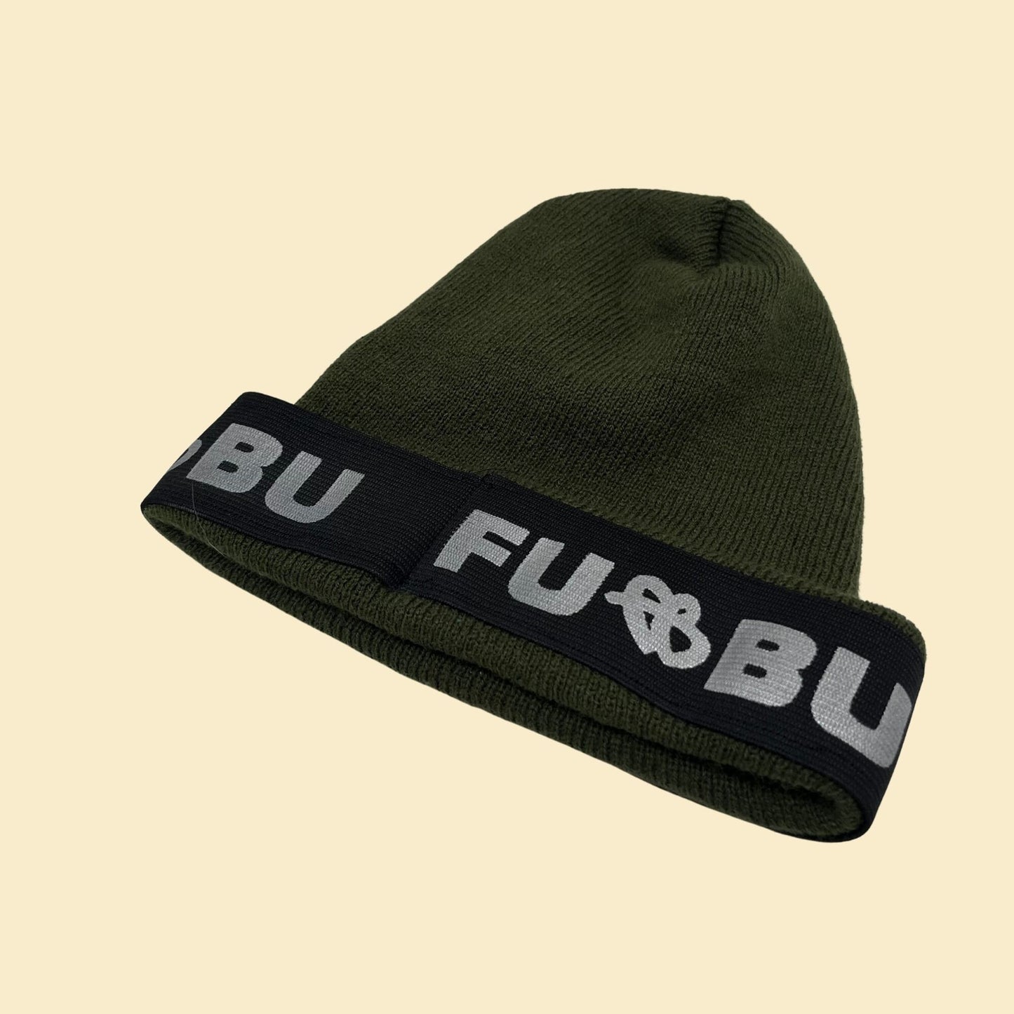 90s FUBU beanie, vintage 1990s knit FUBU hat with ribbed texture in hunter green and grey/silver