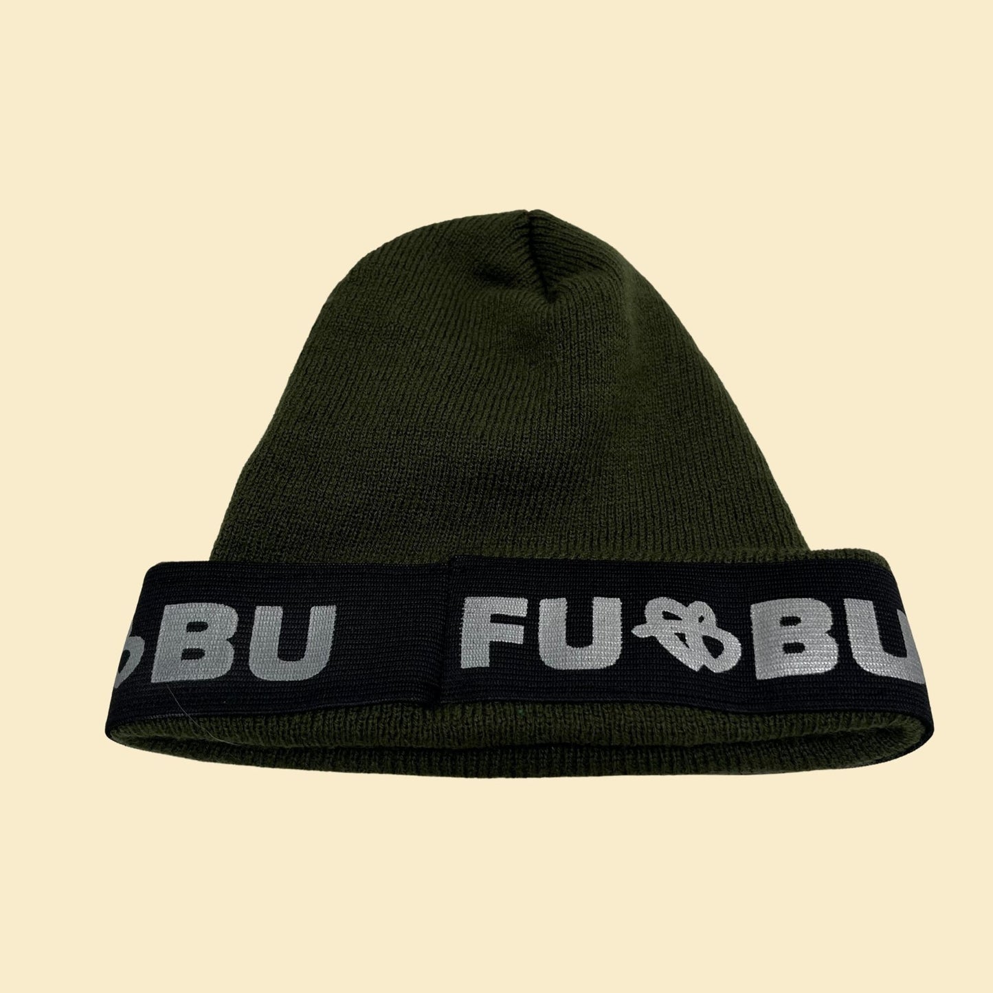 90s FUBU beanie, vintage 1990s knit FUBU hat with ribbed texture in hunter green and grey/silver