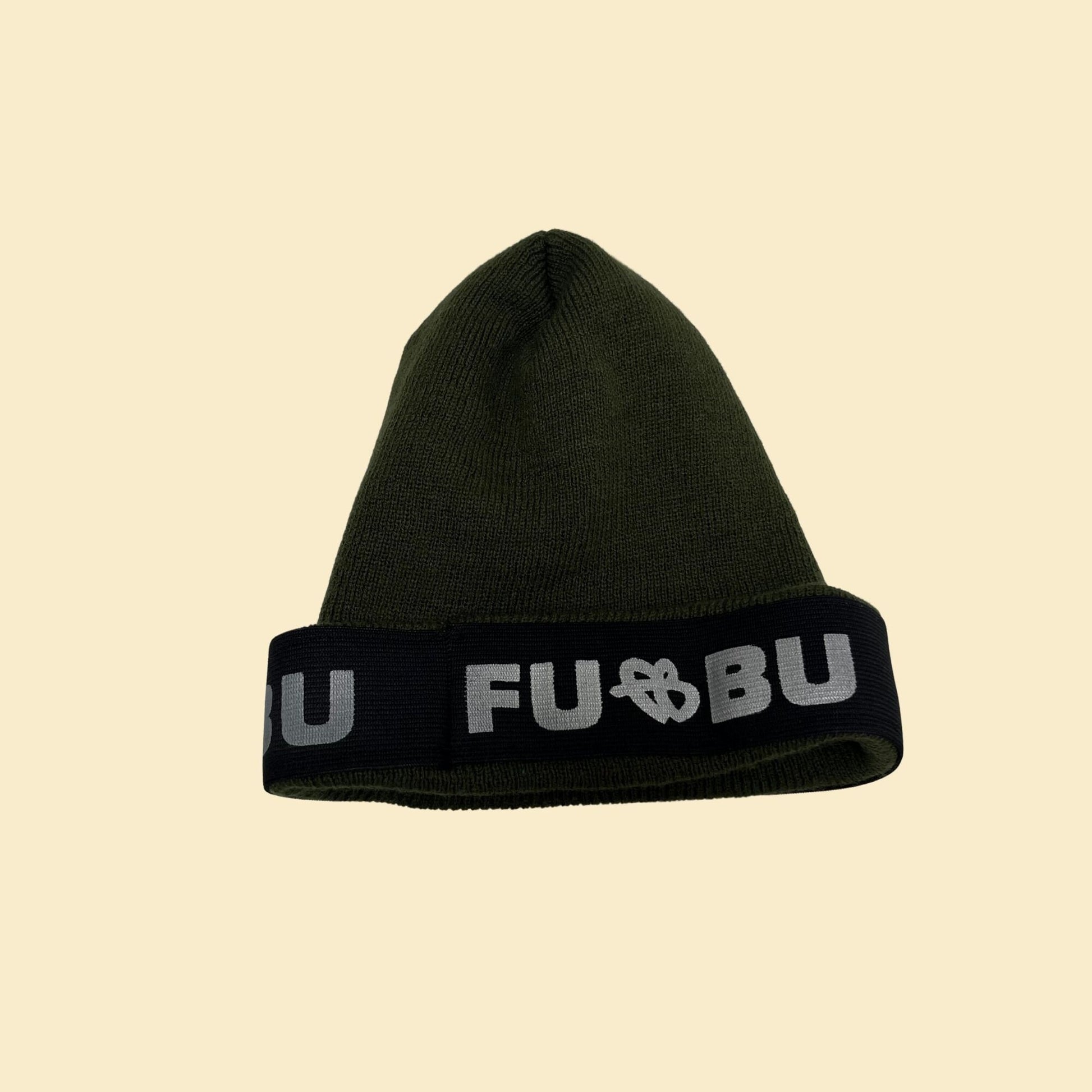 90s FUBU beanie, vintage 1990s knit FUBU hat with ribbed texture in hunter green and grey/silver