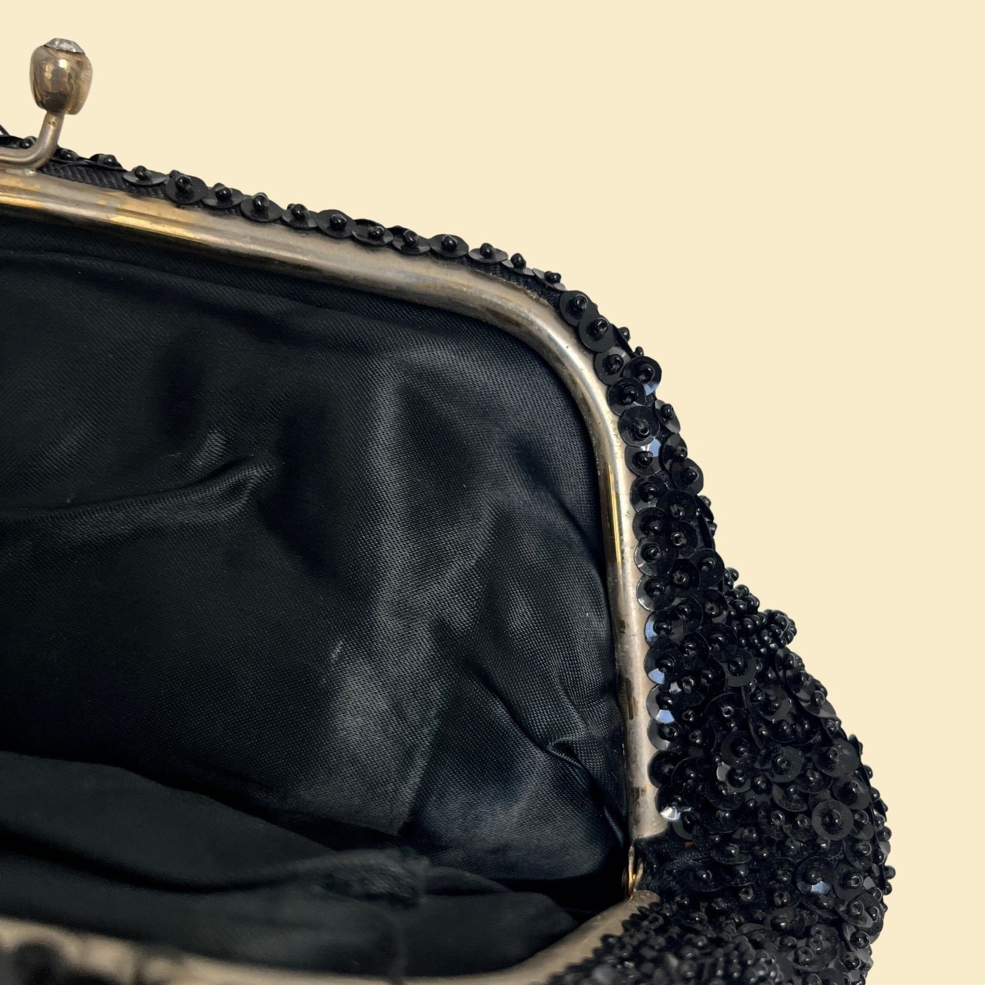 70s black beaded handbag by Emson, vintage evening bag with abstract sequin and bead design, 1970s black purse