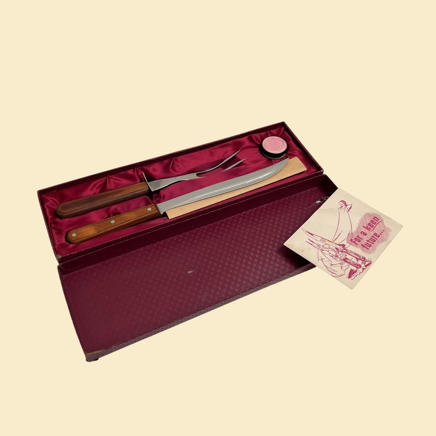 70s Wear-Ever carving set with original box, wood handle stainless steal carving knife and fork