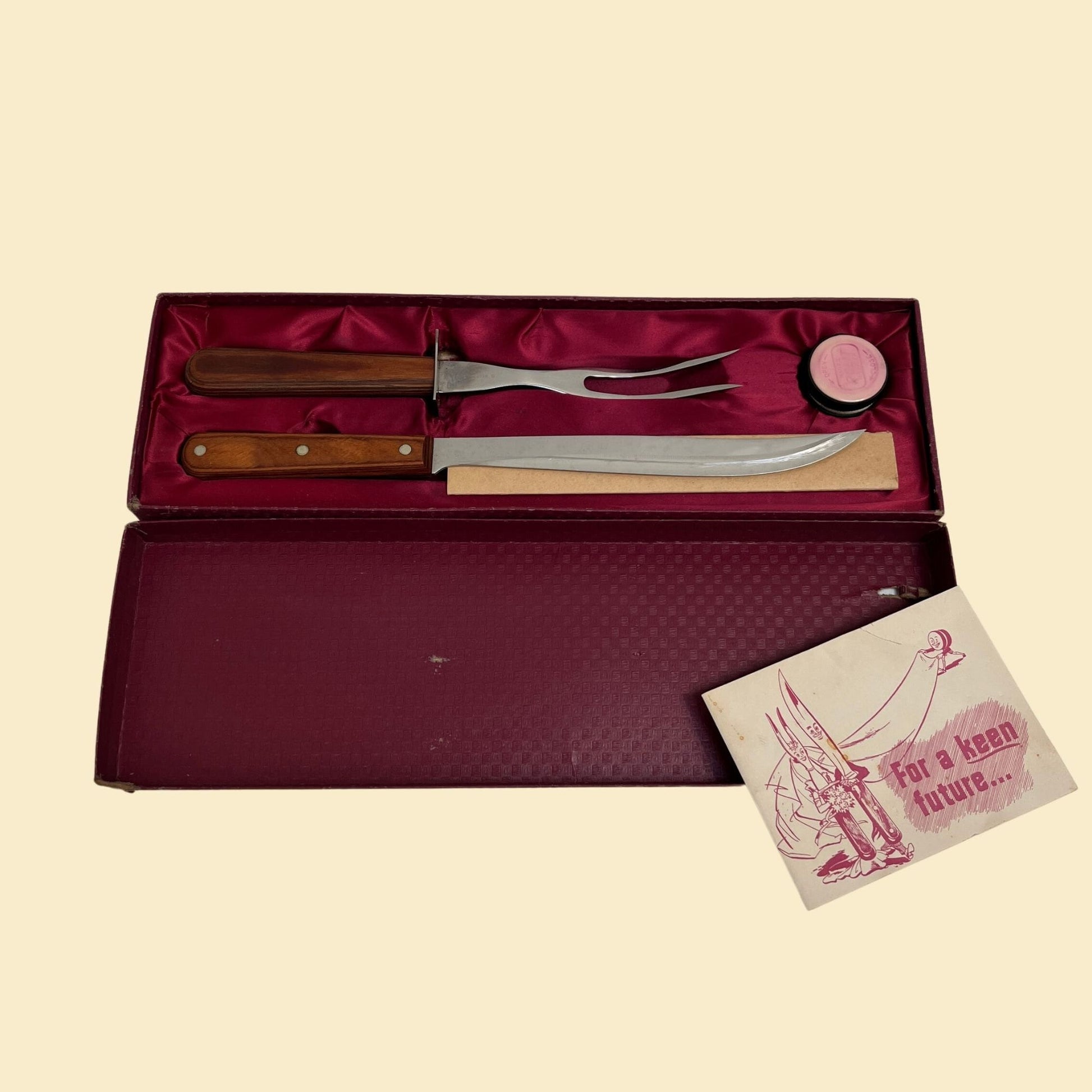 70s Wear-Ever carving set with original box, wood handle stainless steal carving knife and fork