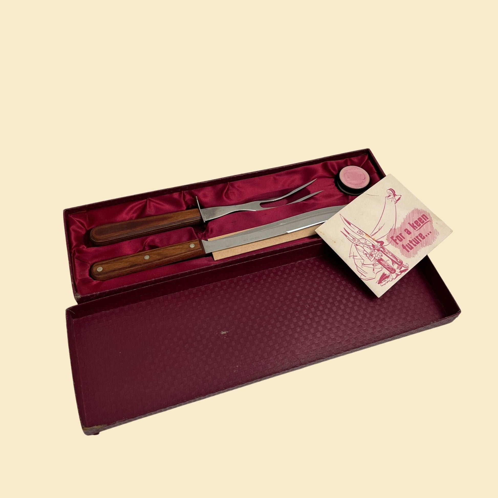 70s Wear-Ever carving set with original box, wood handle stainless steal carving knife and fork