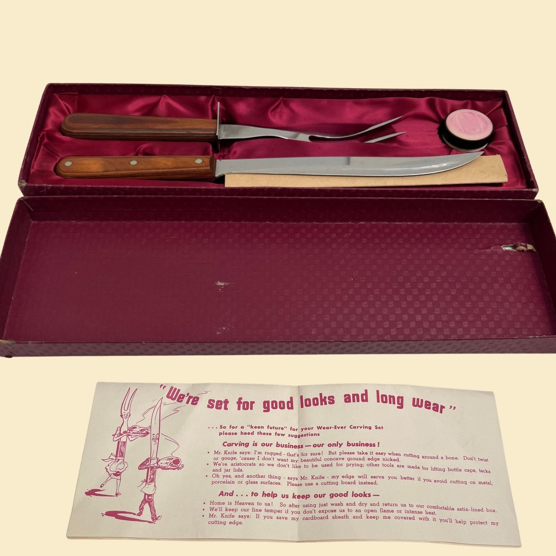 70s Wear-Ever carving set with original box, wood handle stainless steal carving knife and fork