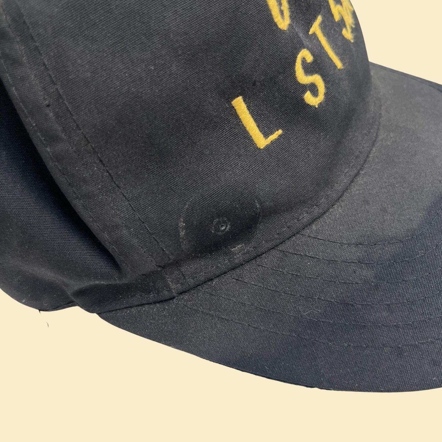 80s USS LST 587 baseball cap, vintage 1980s navy trucker cap in black and yellow