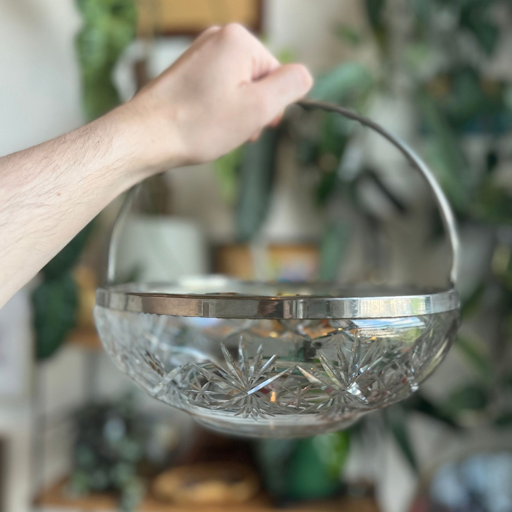 Vintage cut glass bowl with metal rim and handle, c. 1950s star patterned glass bowl