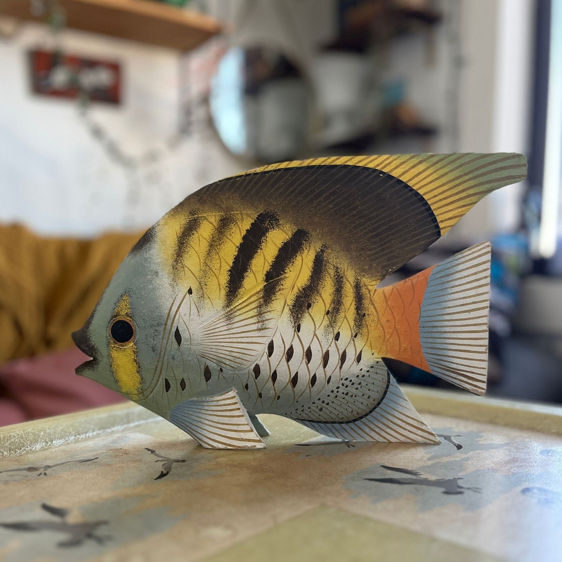 Vintage 1960s wooden fish, hand painted blue and yellow wood tropical fish statue