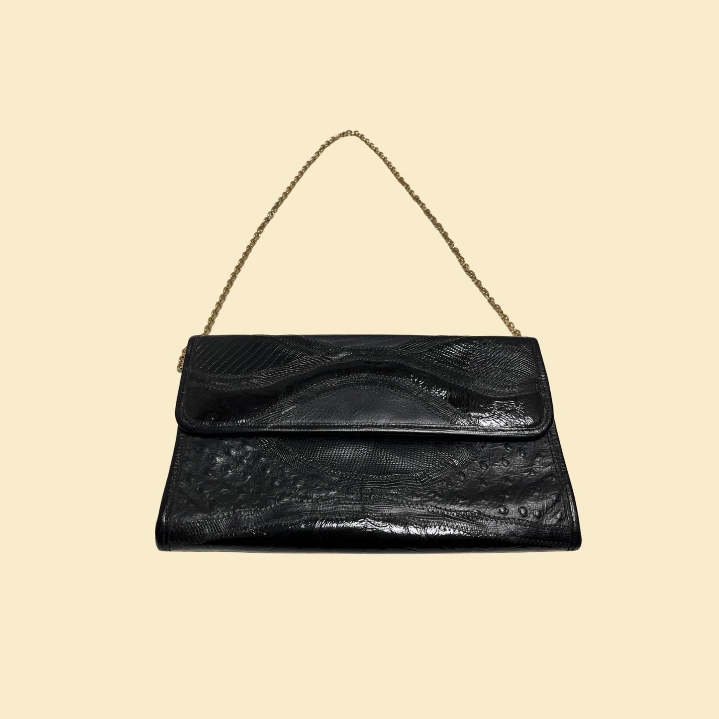 70s black leather clutch with shoulder strap, vintage envelope shoulder bag with brass/gold colored hardware