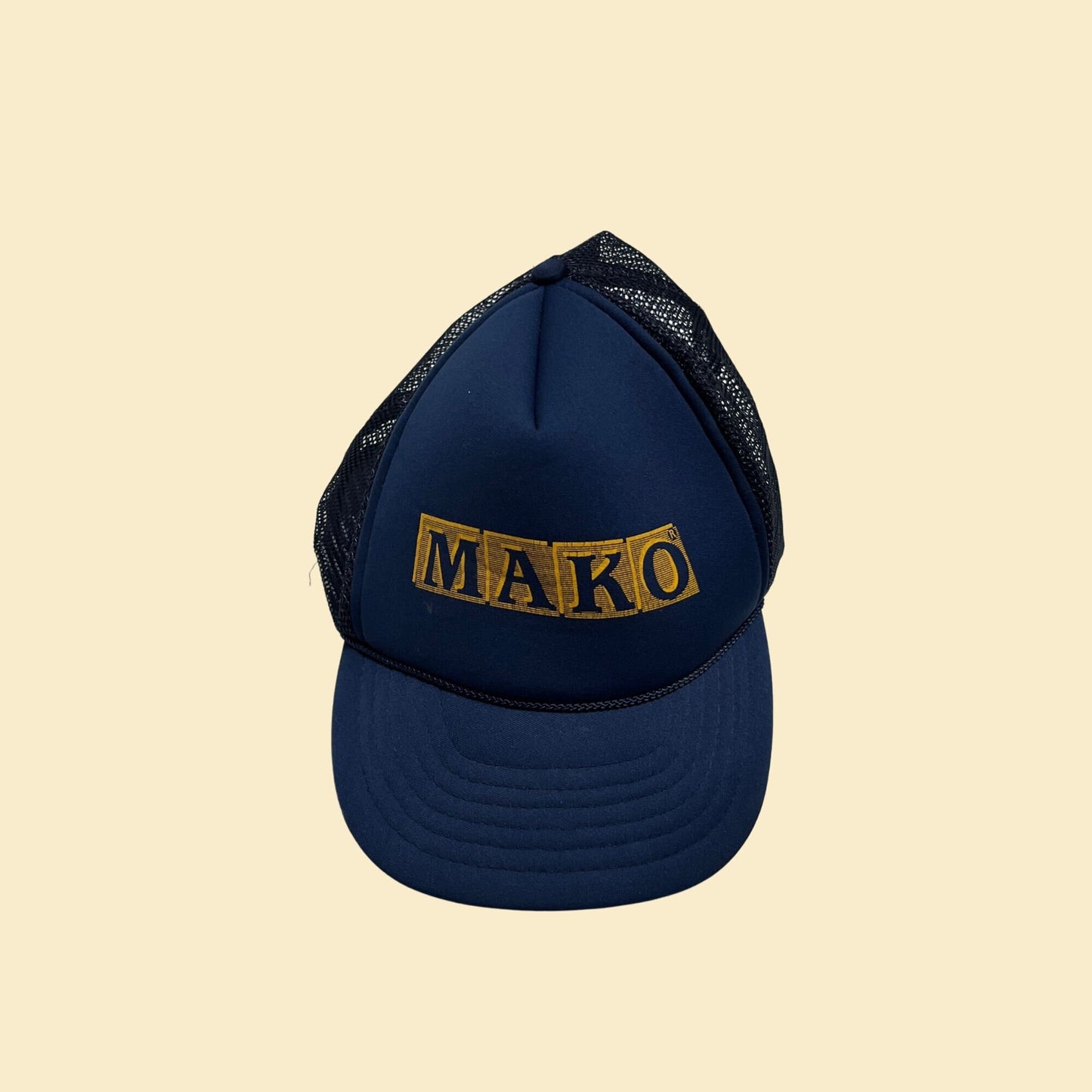 90s Mako trucker cap, vintage Mako fishing blue and yellow baseball cap with plastic mesh back, one size fits all