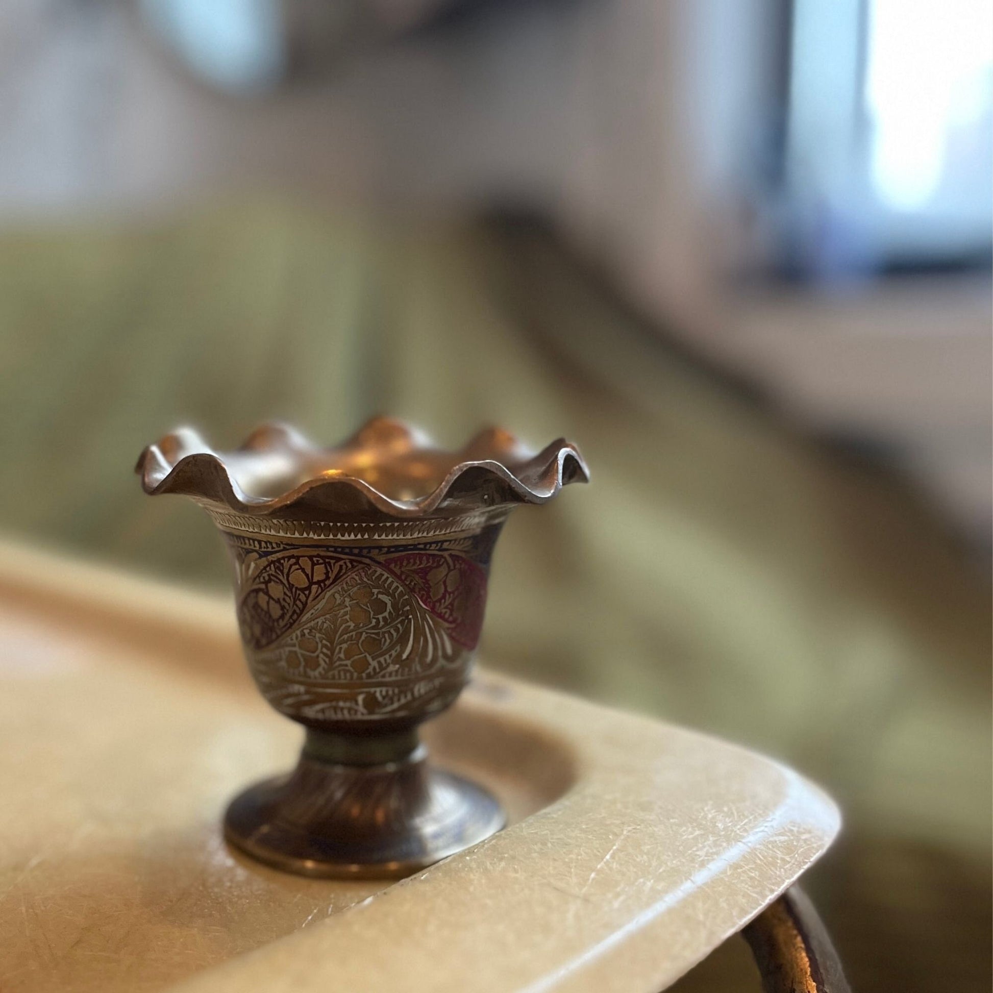 Vintage brass vase with abstract etched patterns, 1950s etched candlestick holder with wave design