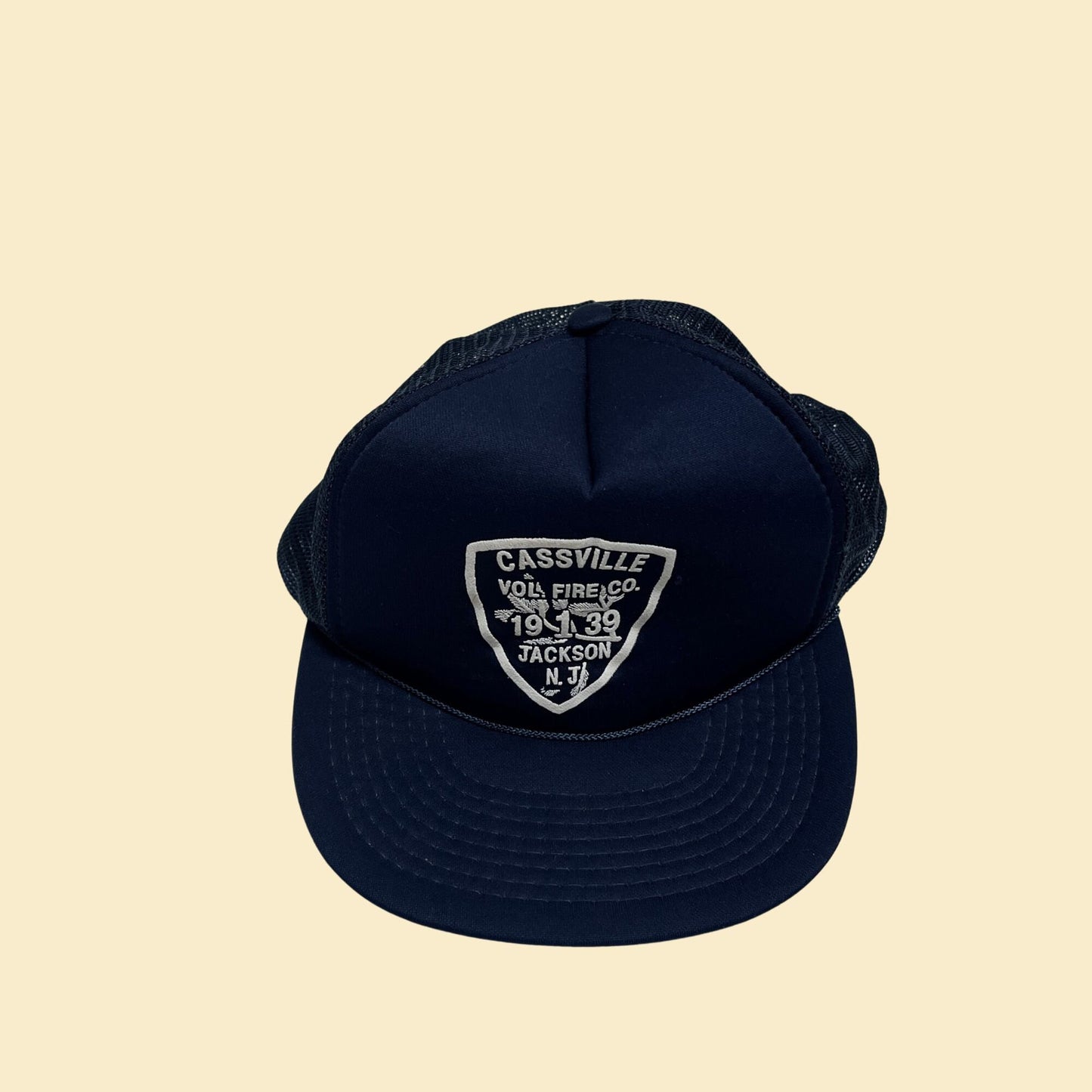 90s baseball cap with NJ Firehouse logo on the front, vintage blue trucker cap, 1990s New Jersey snapback