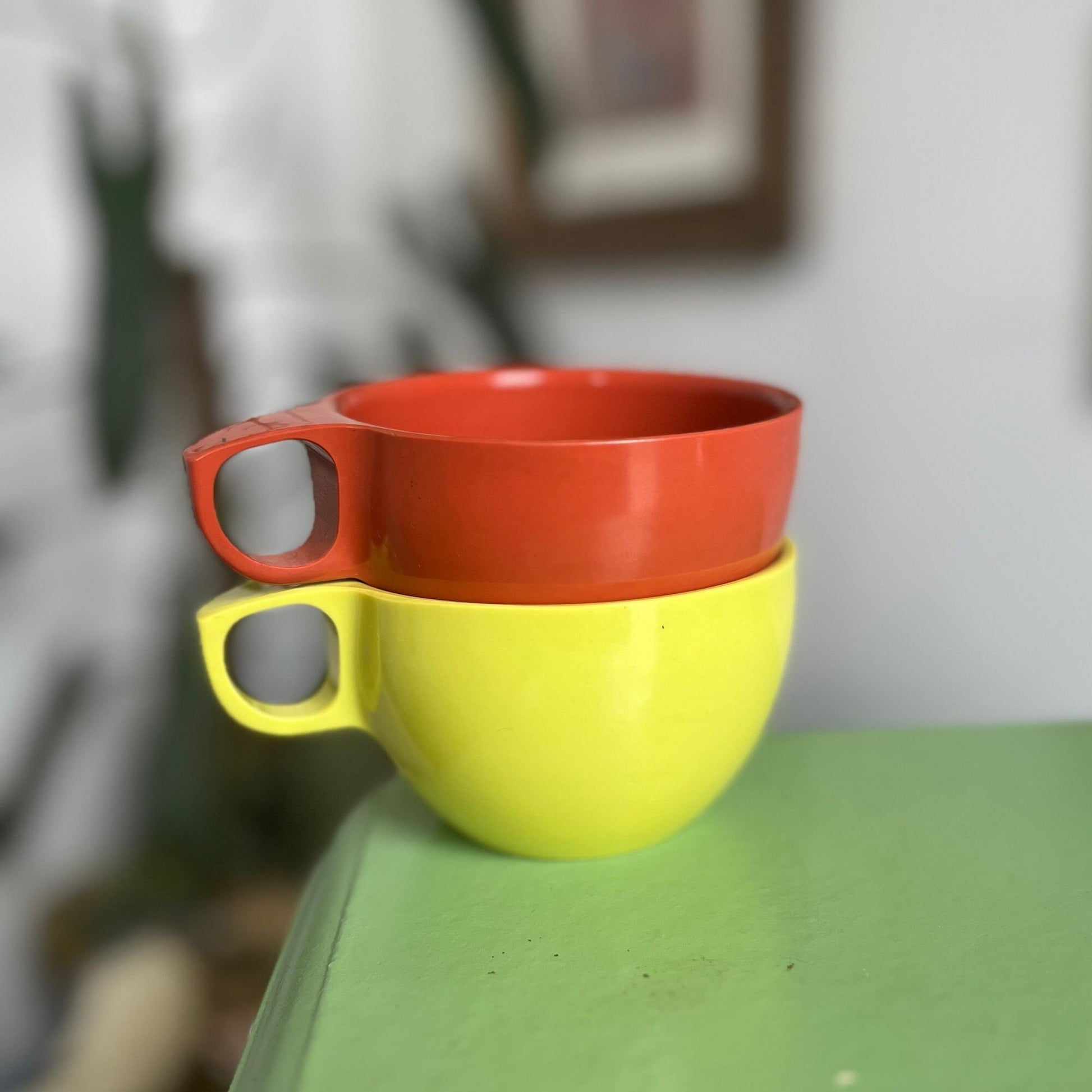 1950s Watertown Lifetime Ware coffee mugs, set of 2 Melmac green and orange vintage tea cups