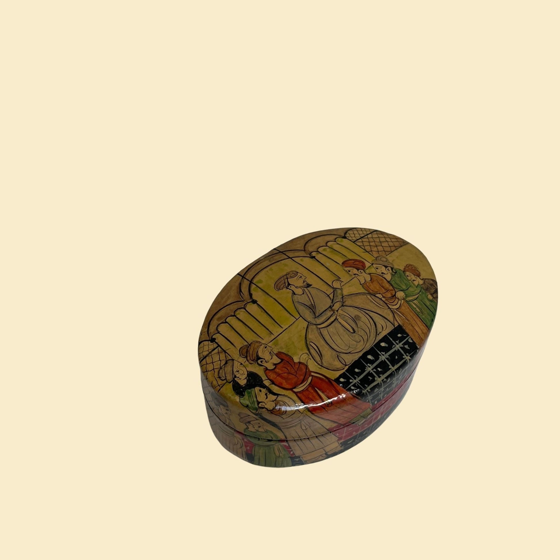 Vintage hand painted lacquer box made in India, 1960s Kashmir India oval shaped trinket box