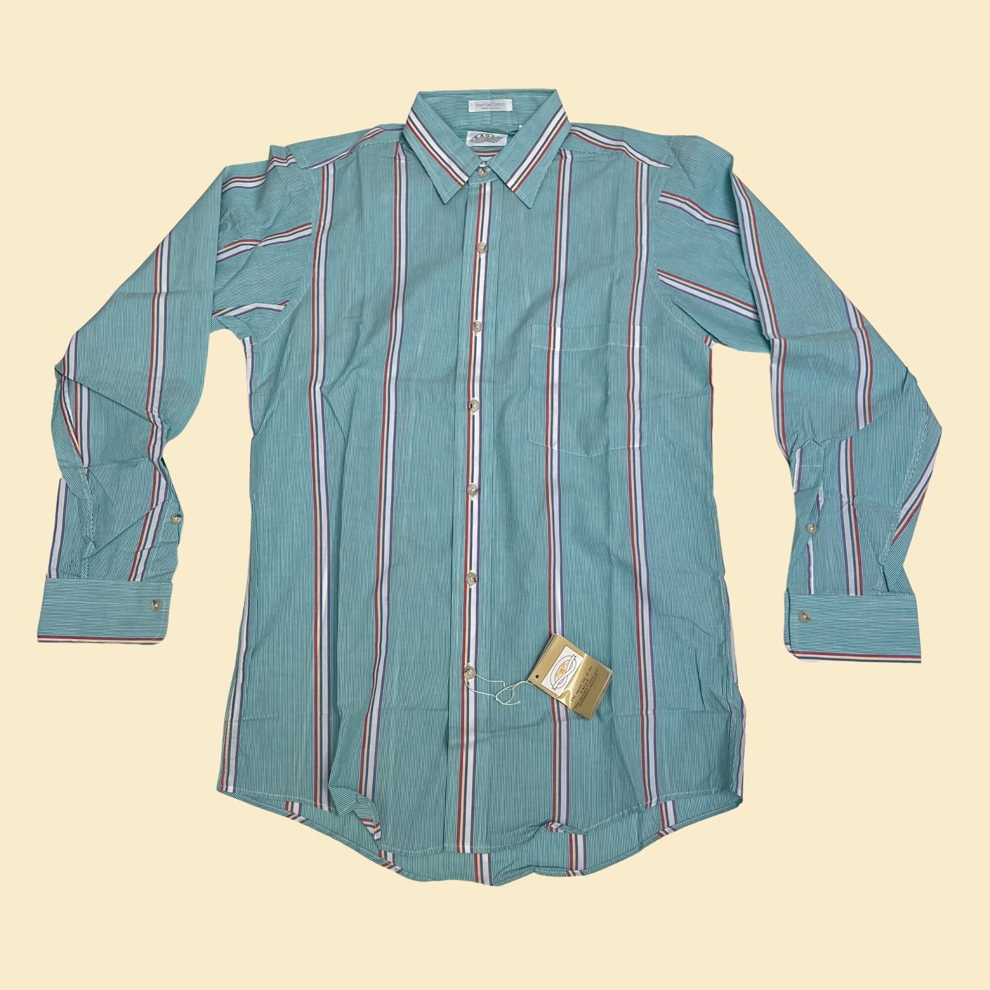 80s striped shirt by Eagle Shirt Makers in size small, vintage 1980s button down long sleeve in purple, teal, pink, yellow and white