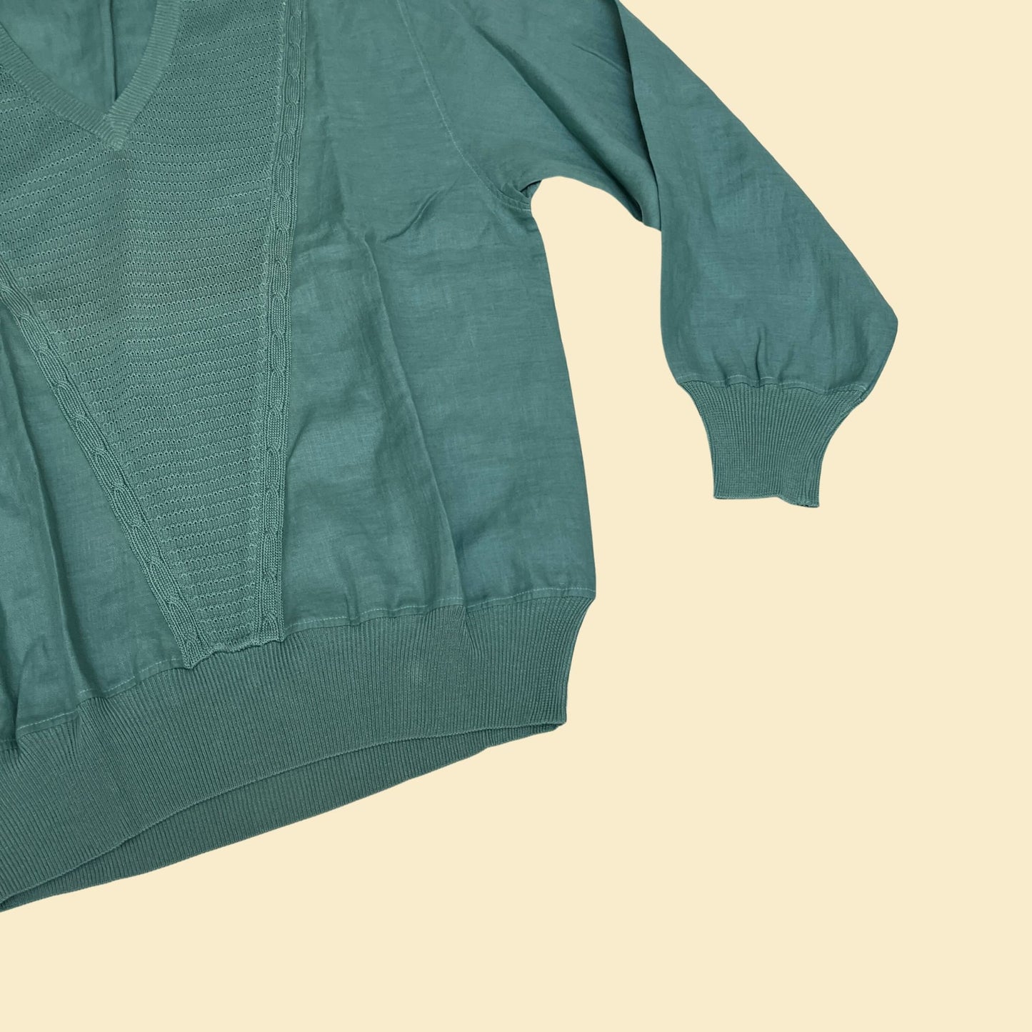 80s Ellesse knit and linen pullover shirt or sweater, vintage 1980s teal Italian long sleeve v-neck, men's size medium to large top