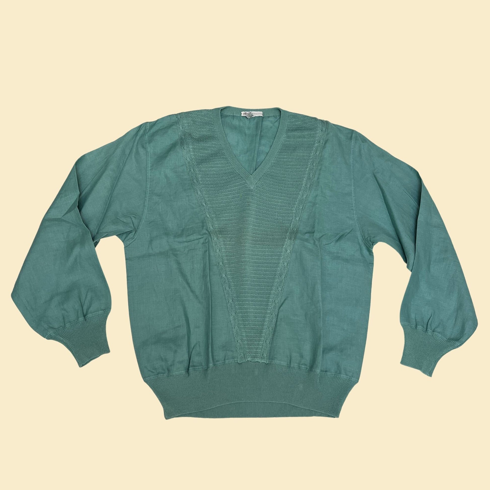 80s Ellesse knit and linen pullover shirt or sweater, vintage 1980s teal Italian long sleeve v-neck, men's size medium to large top