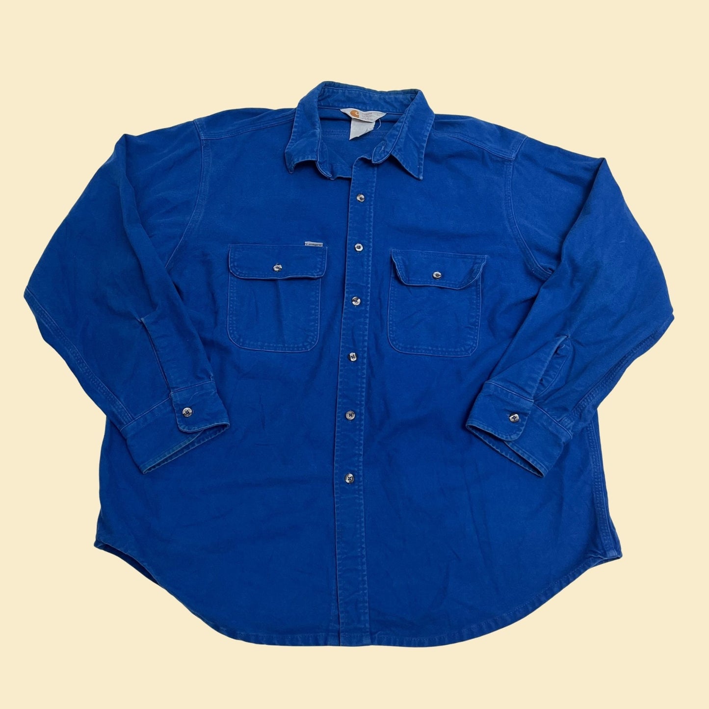 90s Carhartt blue shirt, Union Made in USA, 'Rugged outdoor wear' blue button down with long sleeves