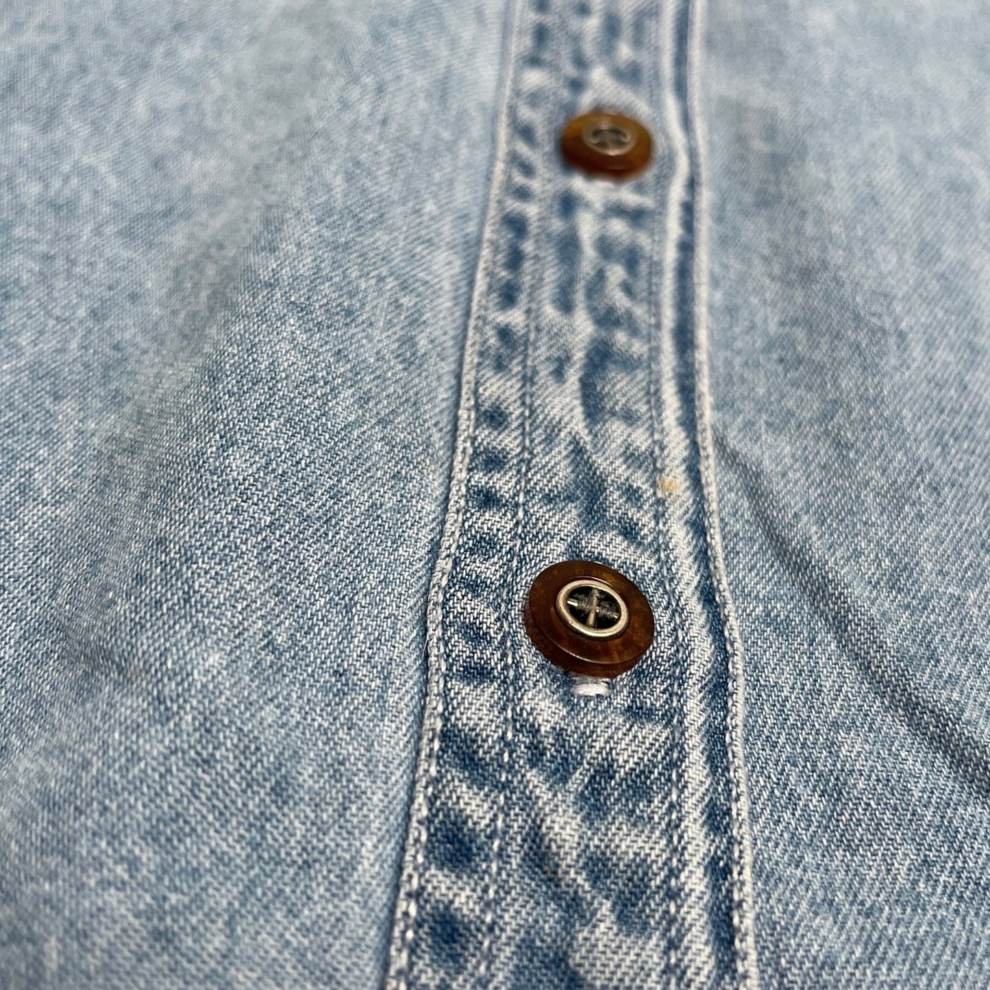 90s chambray shirt by Mountain Lake in size small, vintage 1990s denim button down with amber/brown buttons