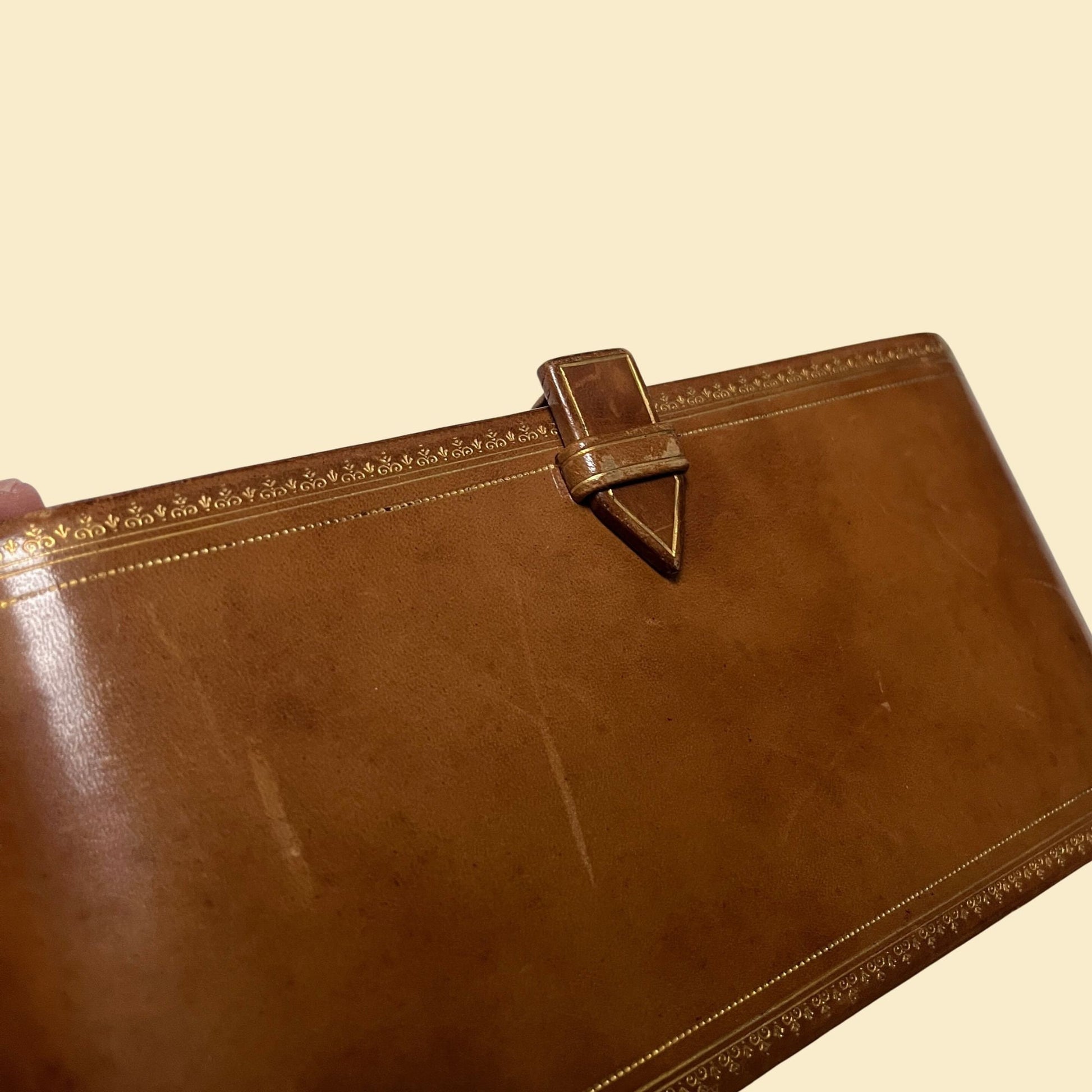 1940s Italian leather clutch bag, brown and gold vintage compact bag made in Italy, antique women's wallet / makeup bag