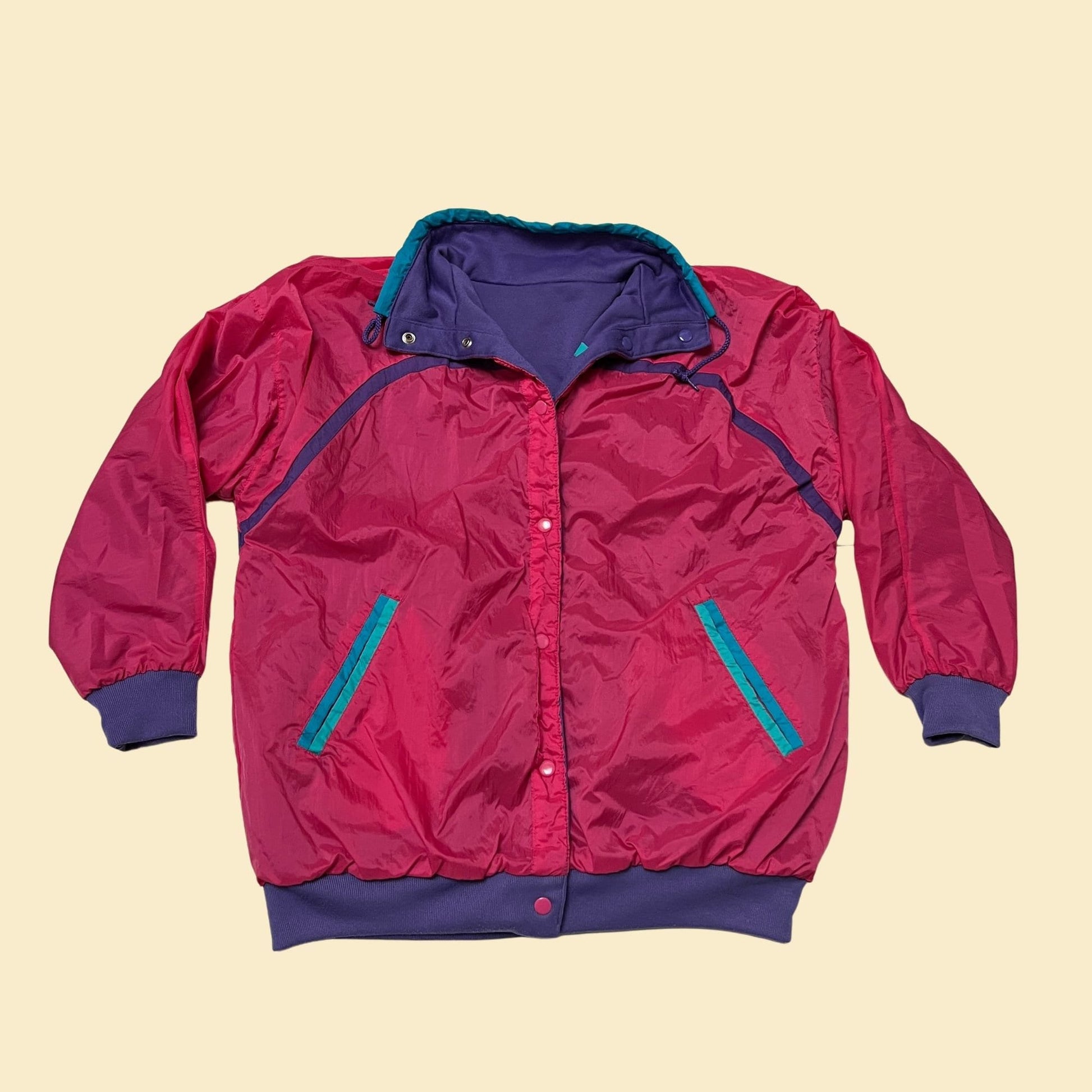 80s reversible jacket in purple teal and pink, vintage Be In The Current Seen 1980s windbreaker jacket