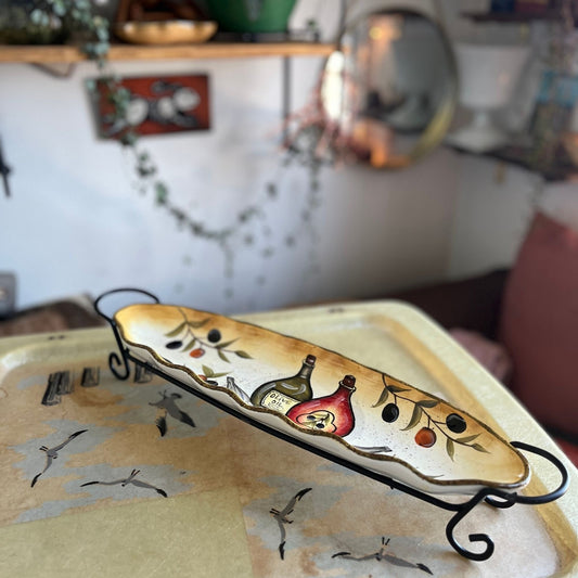 80s bread dish with metal rack and original packaging, 1980s Italian themed serving dish with holding tray