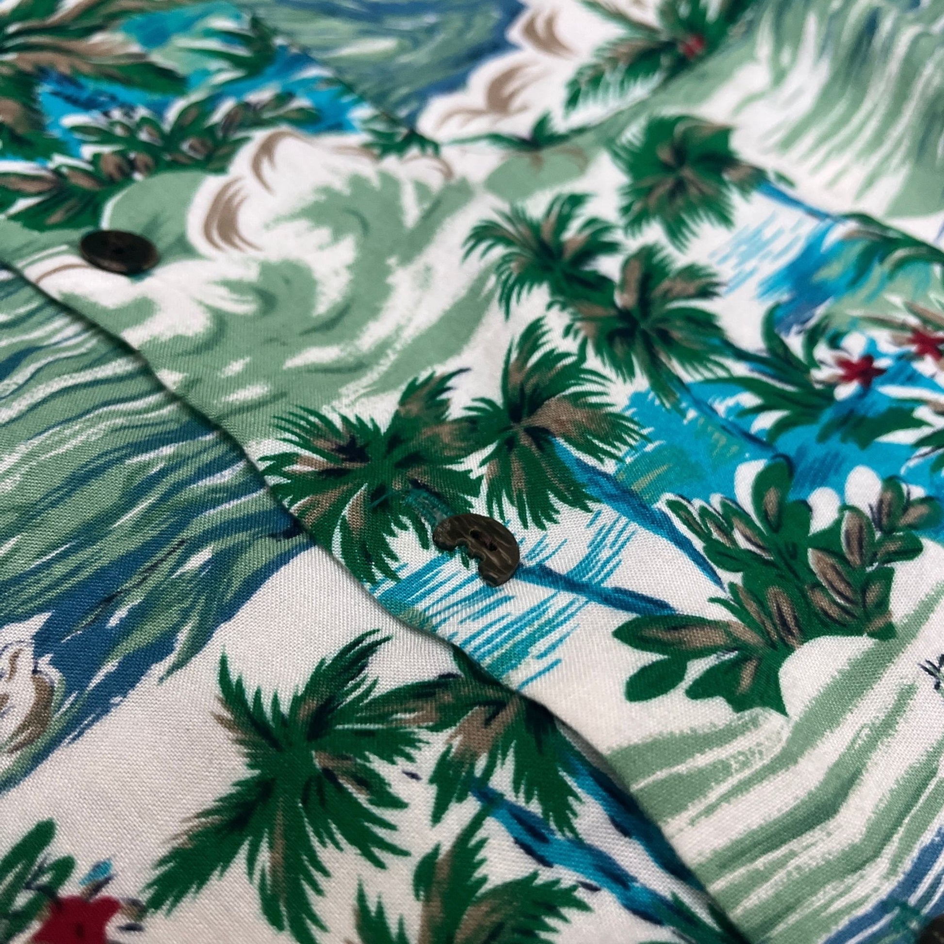 90s palm tree shirt by Utility, large 1990s vintage Hawaiian button down, vintage beach top