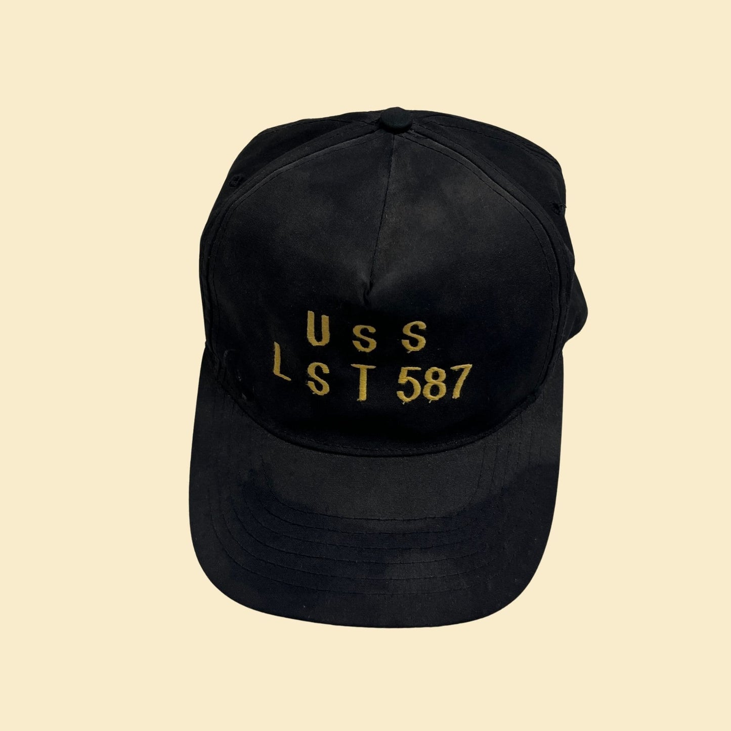 80s USS LST 587 baseball cap, vintage 1980s navy trucker cap in black and yellow