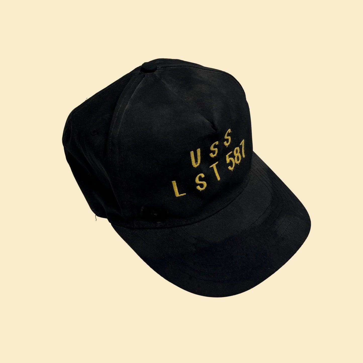 80s USS LST 587 baseball cap, vintage 1980s navy trucker cap in black and yellow