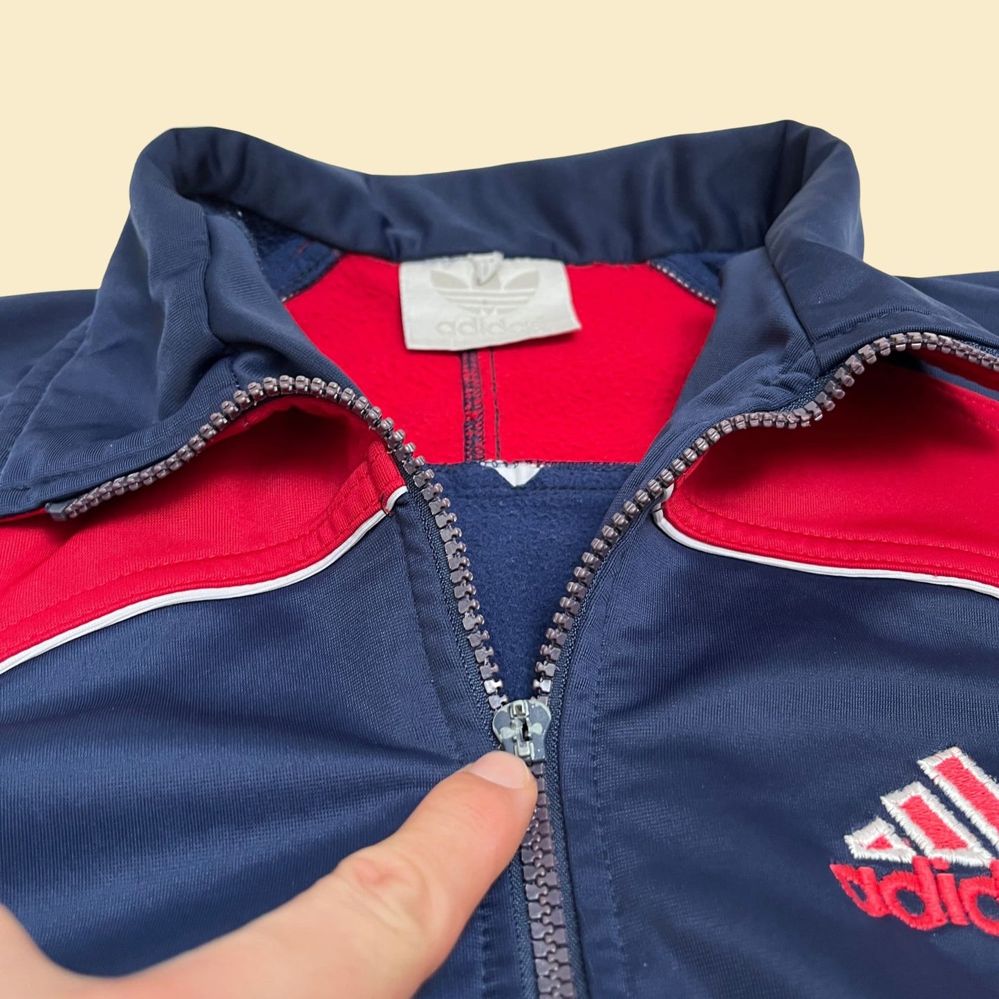 80s Adidas track jacket, large vintage 1980s red and blue Adidas zip up