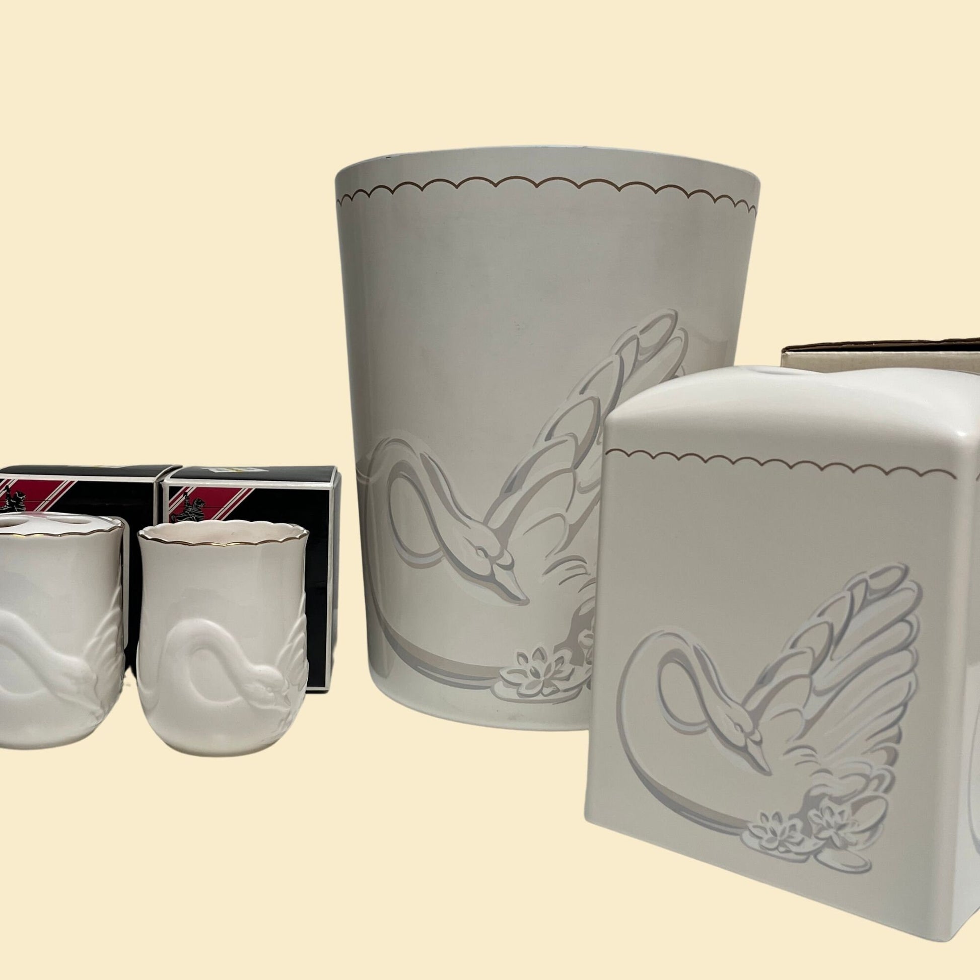 1980s swan bathroom set with waste basket, tissue box cover and tooth brush holder, vintage swan bathroom decor / storage