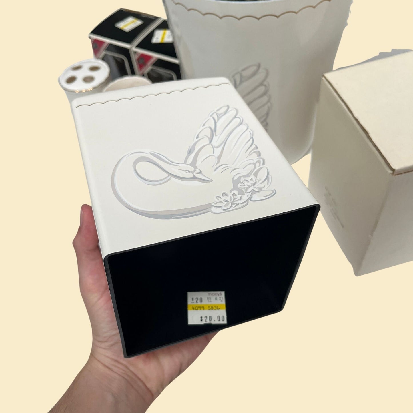 1980s swan bathroom set with waste basket, tissue box cover and tooth brush holder, vintage swan bathroom decor / storage