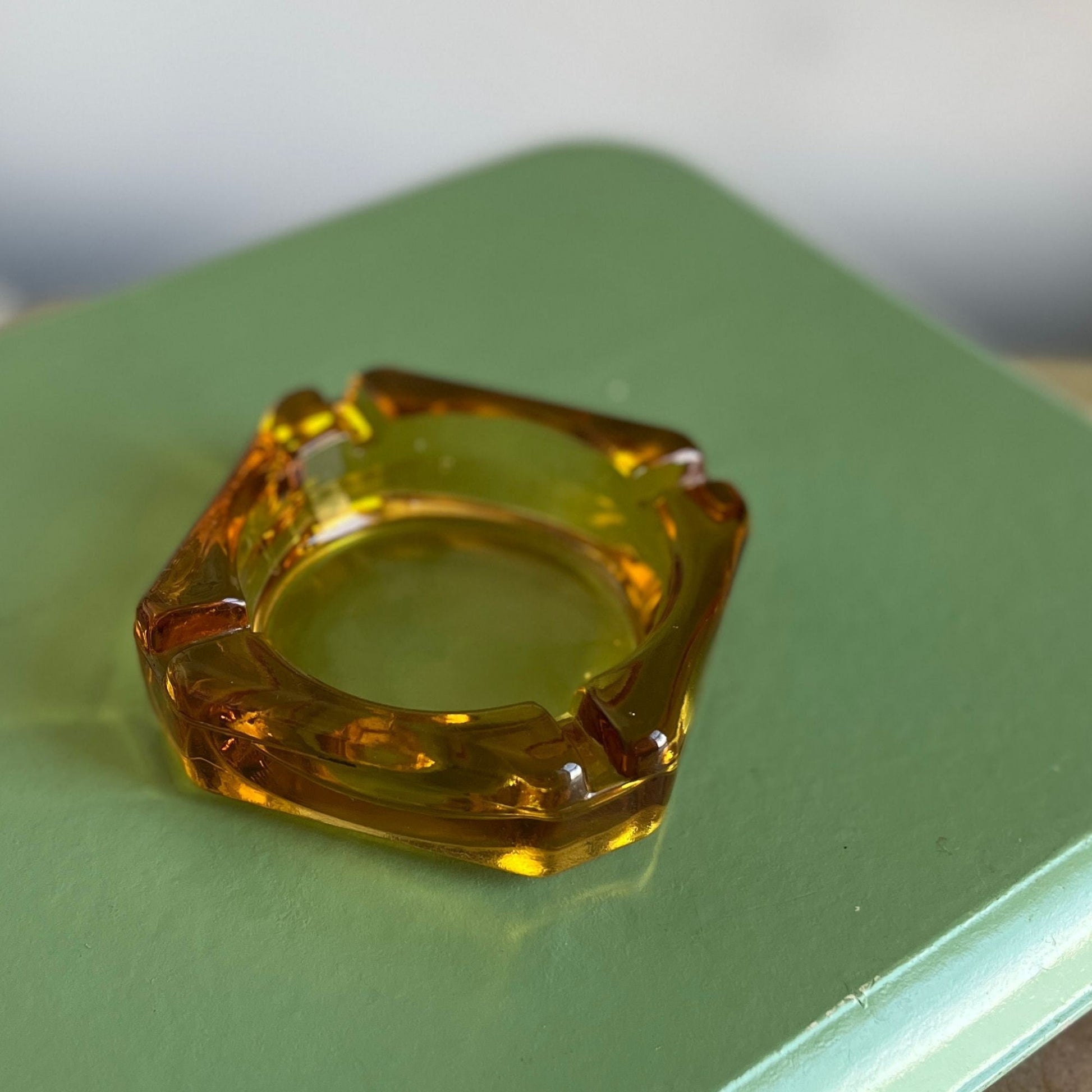 Vintage amber glass ash tray, c. 1970s orange ash tray with 4 openings