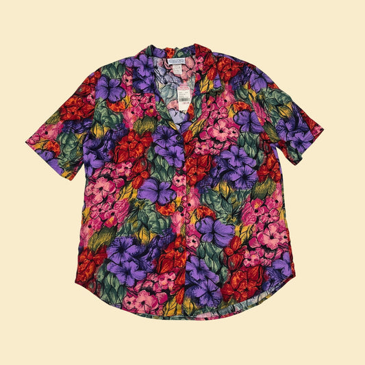 NOS 80s floral women's shirt by Copy Cats in size small, vintage 1980s new old stock button down shirt in purple, red and green