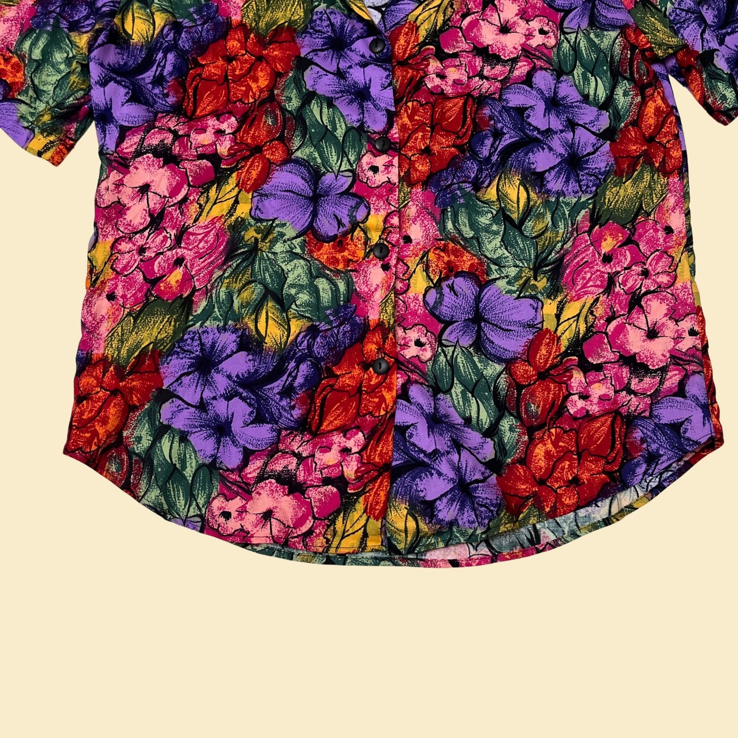 NOS 80s floral women's shirt by Copy Cats in size small, vintage 1980s new old stock button down shirt in purple, red and green