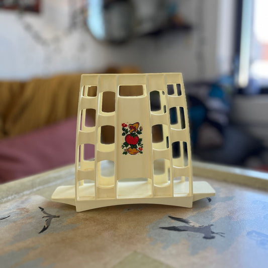 60s plastic napkin holder w mushroom pattern, vintage 1960s vegetable patterned kitchen decor