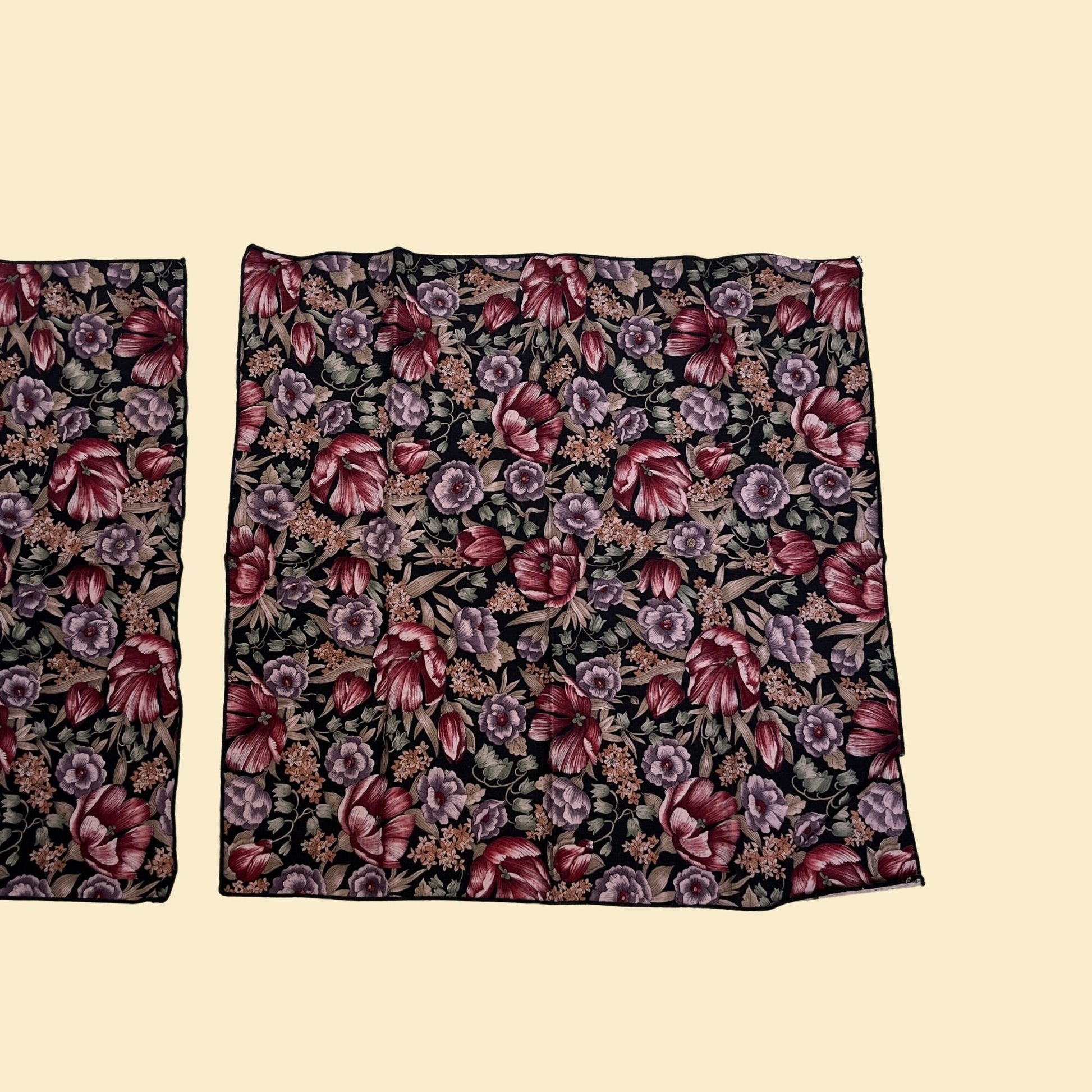 Set of 1970s tea towels, vintage floral kitchen linens, 70s pink and purple dish rags