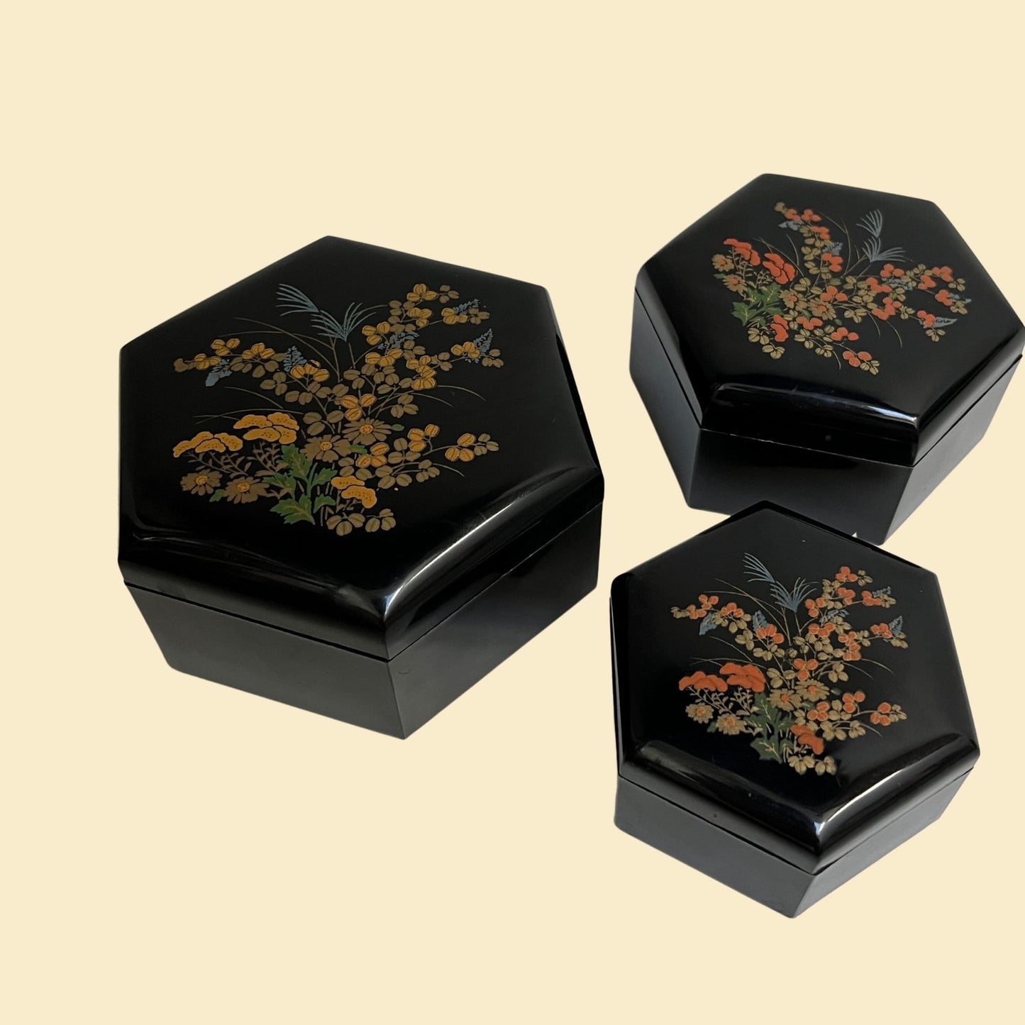 Set of 3 floral nesting boxes, vintage 1980s hexagon shaped flower patterned containers