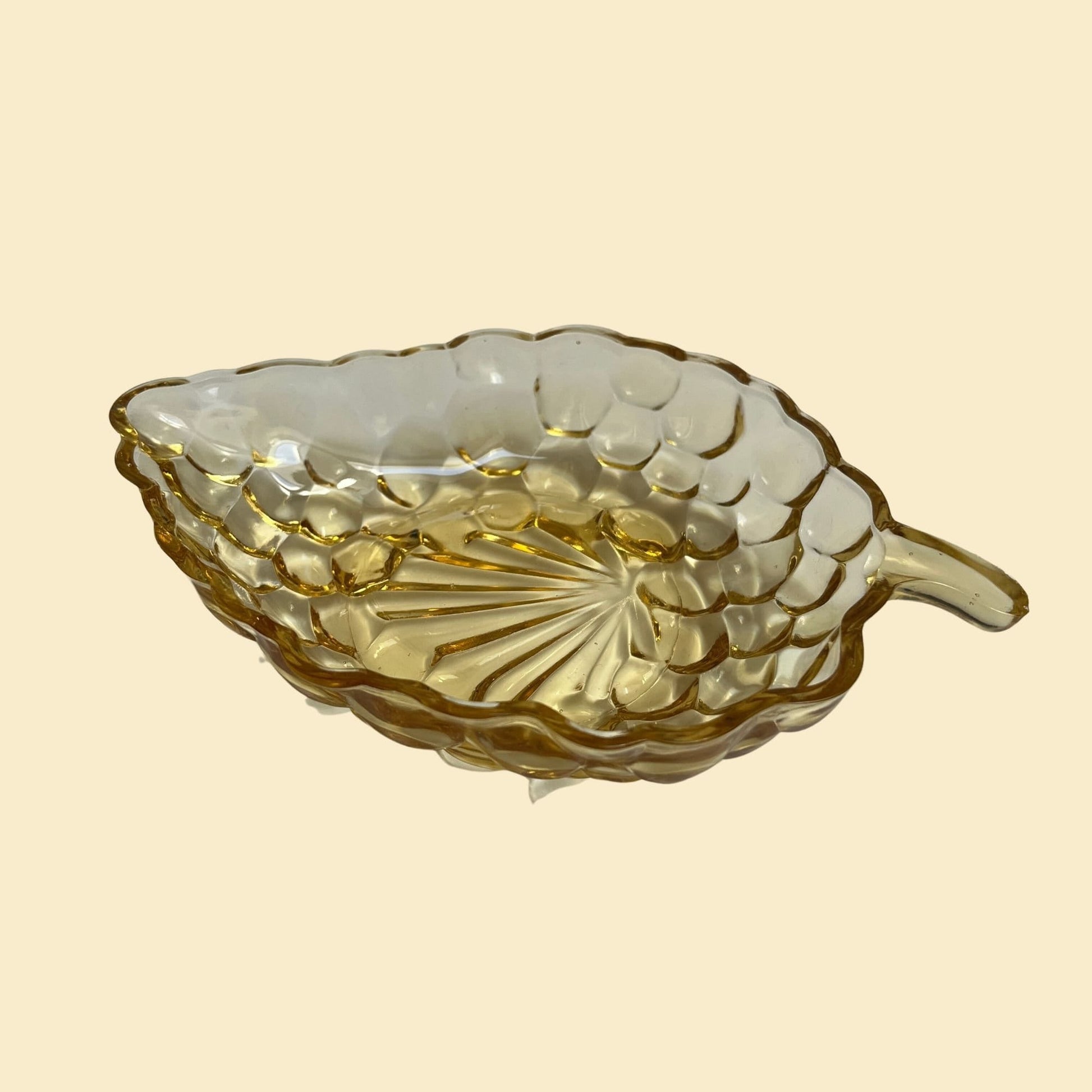 1940s Anchor Hocking bubble glass leaf shaped dish, vintage 40s grape shaped yellow dish