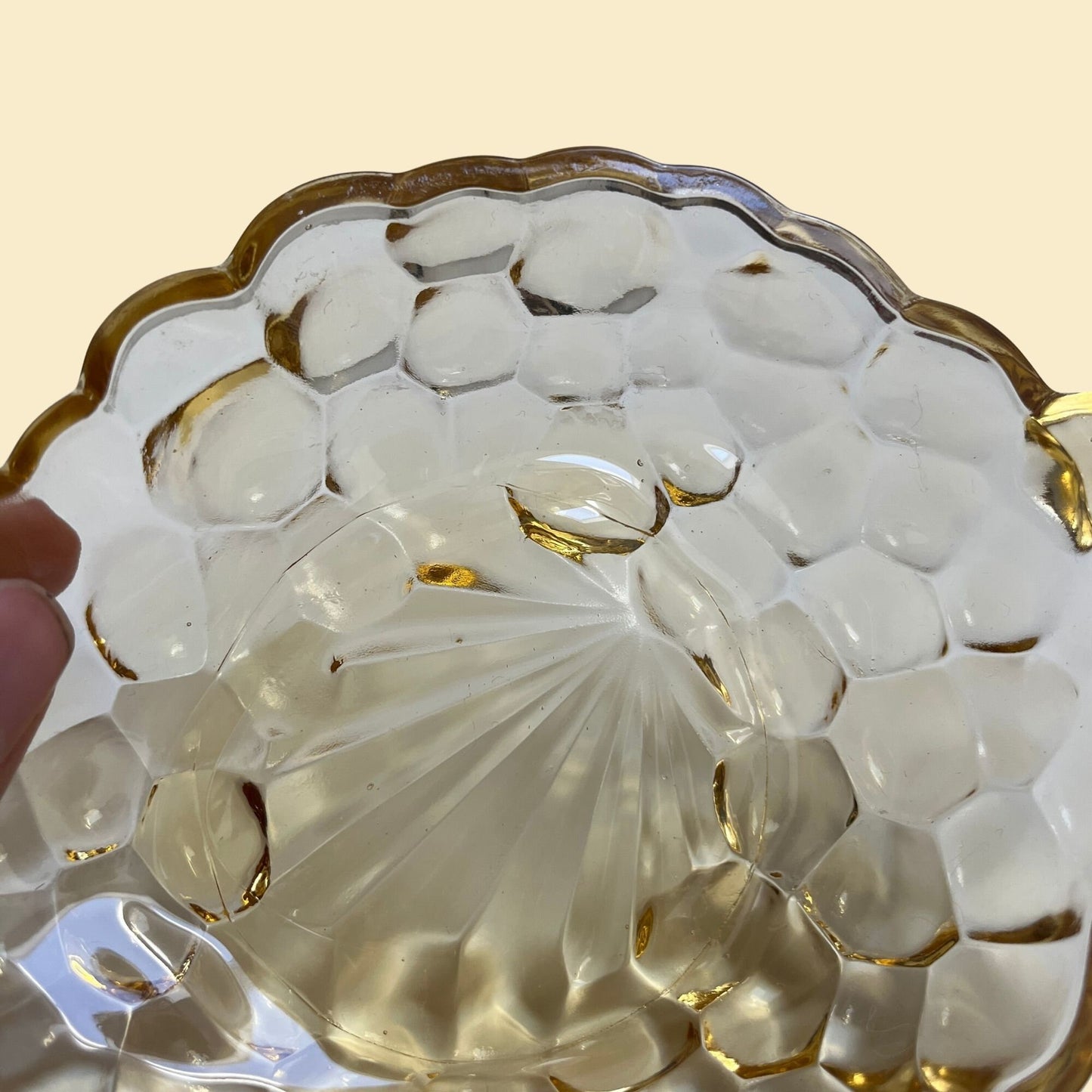 1940s Anchor Hocking bubble glass leaf shaped dish, vintage 40s grape shaped yellow dish