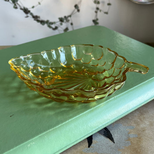 1940s Anchor Hocking bubble glass leaf shaped dish, vintage 40s grape shaped yellow dish