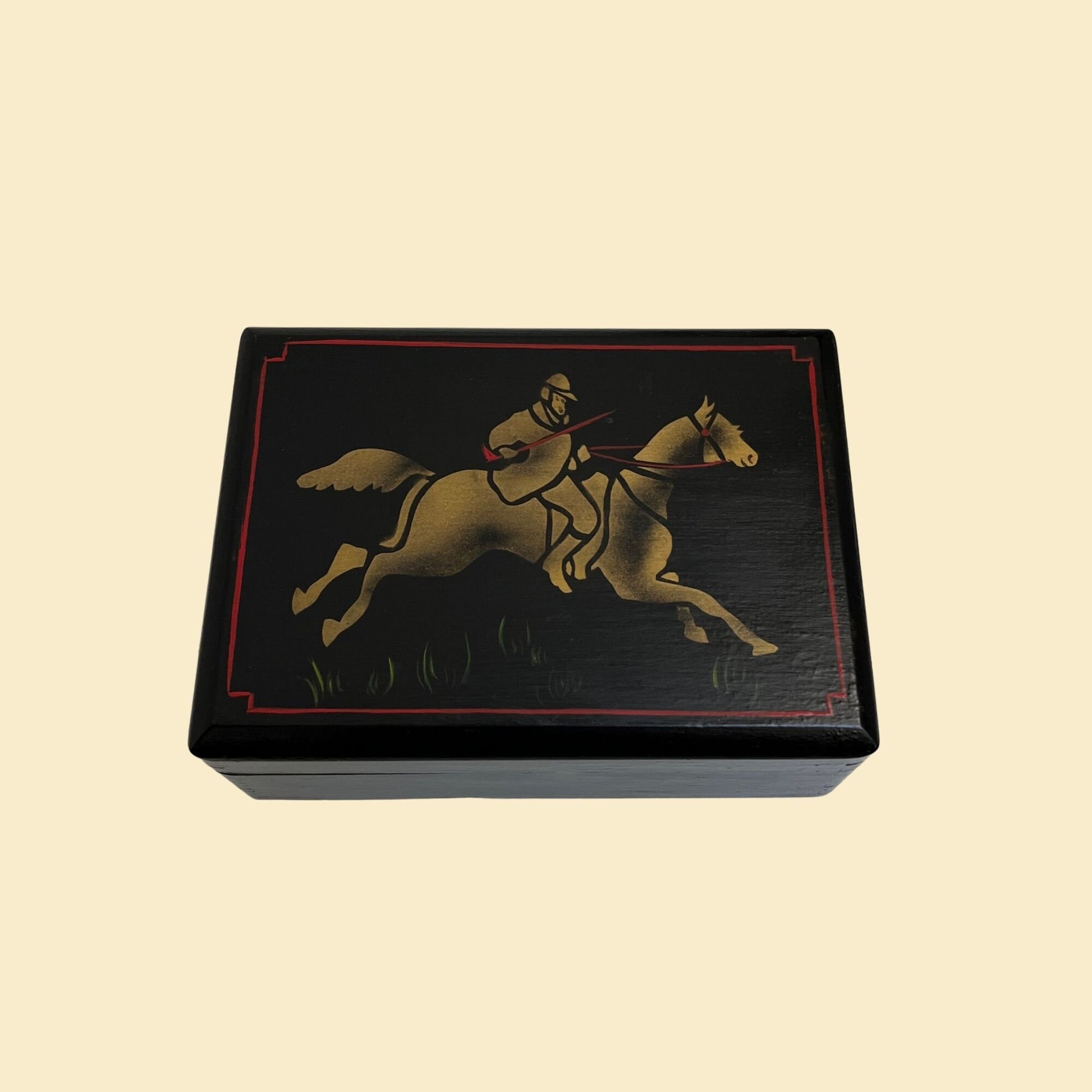 Vintage hand painted box with jousting horse design, c. 1970s black red and gold stenciled box with lid, 70s folk art box