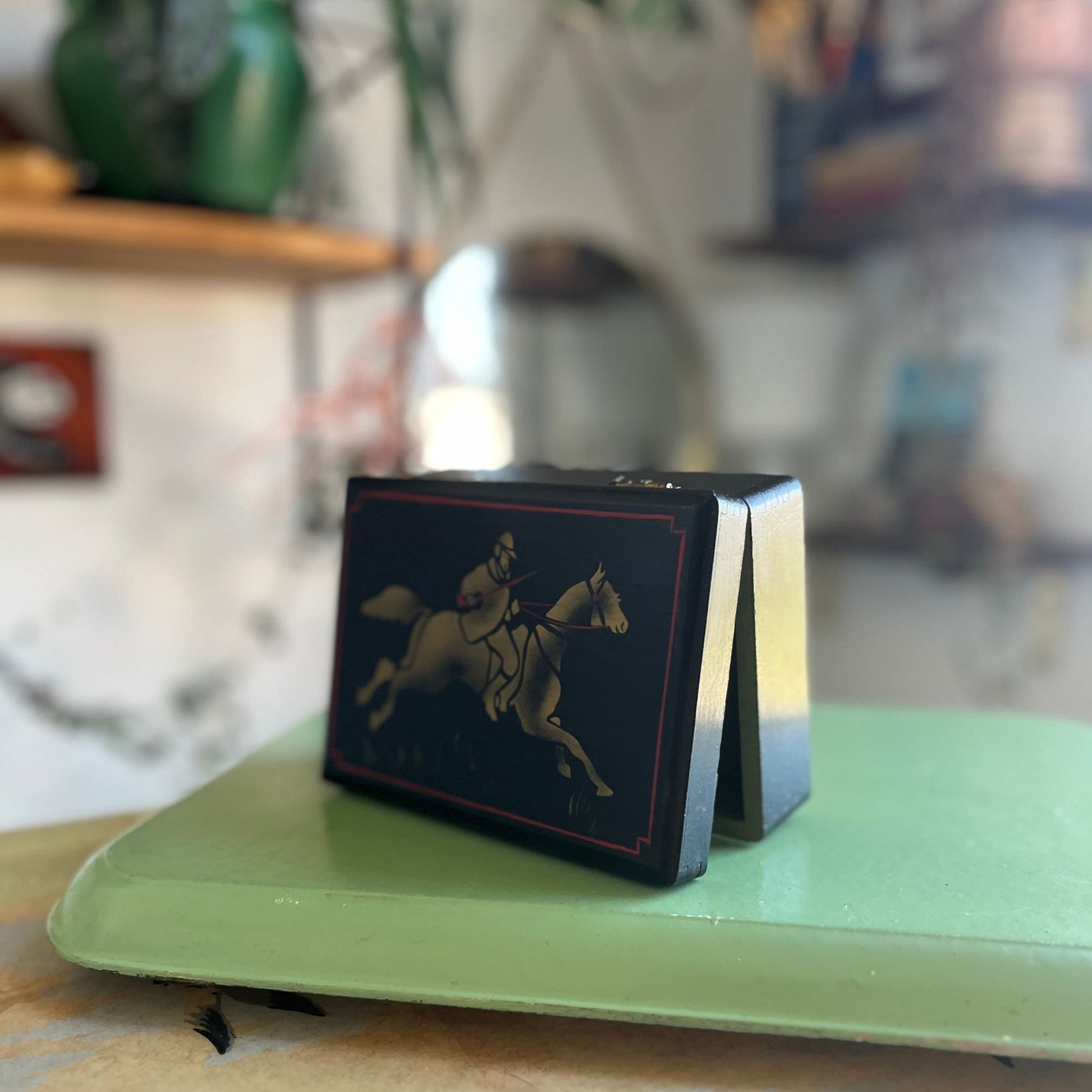 Vintage hand painted box with jousting horse design, c. 1970s black red and gold stenciled box with lid, 70s folk art box