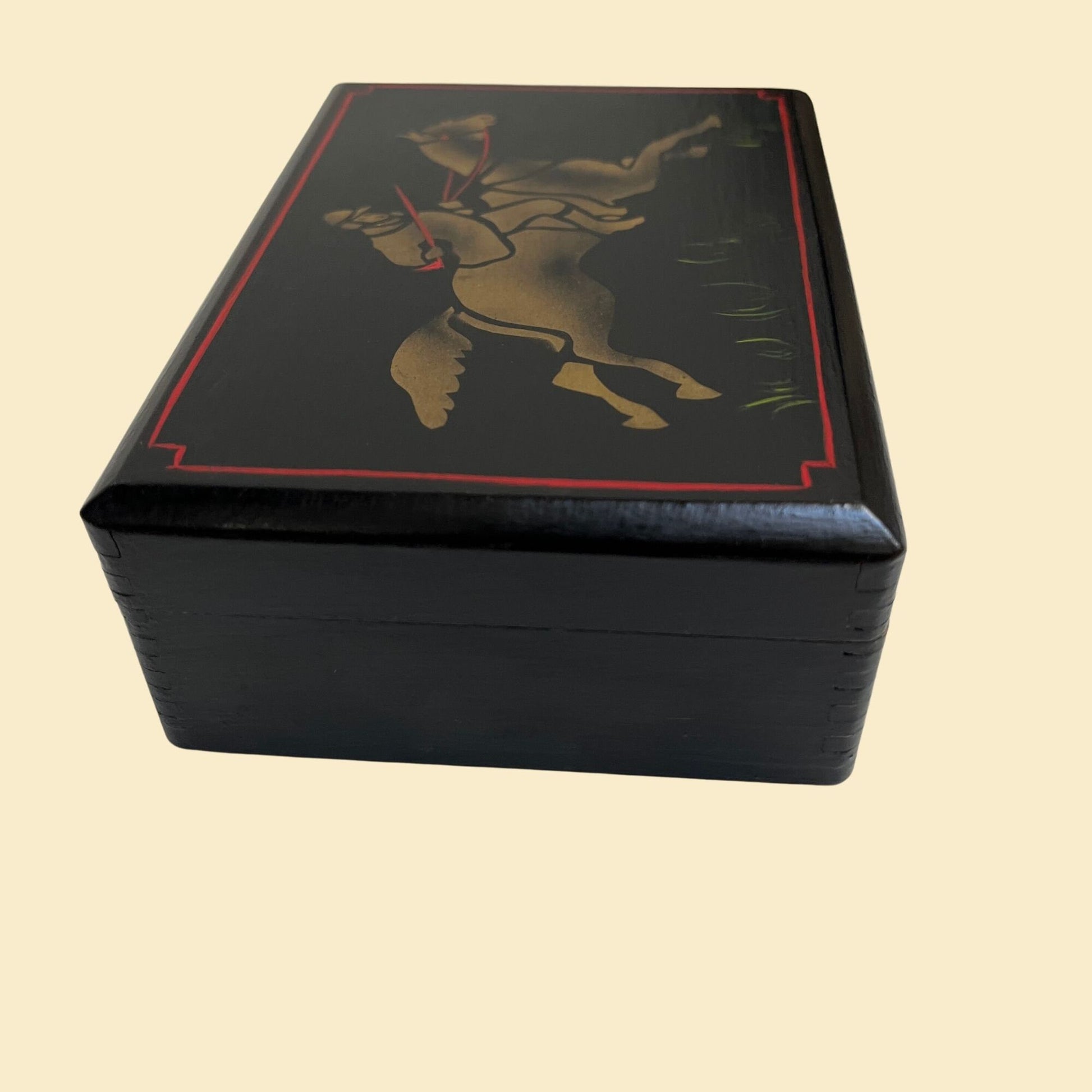 Vintage hand painted box with jousting horse design, c. 1970s black red and gold stenciled box with lid, 70s folk art box