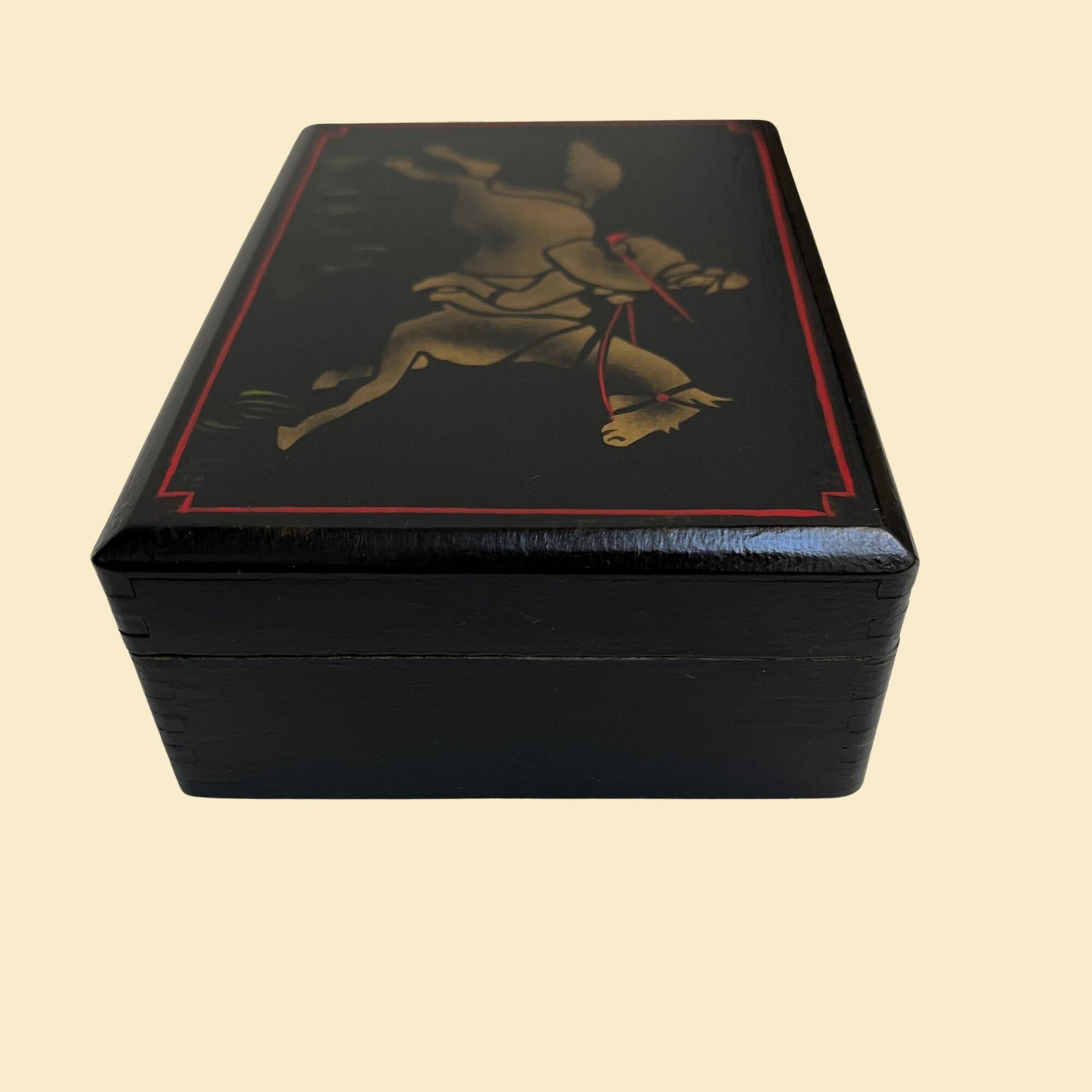 Vintage hand painted box with jousting horse design, c. 1970s black red and gold stenciled box with lid, 70s folk art box