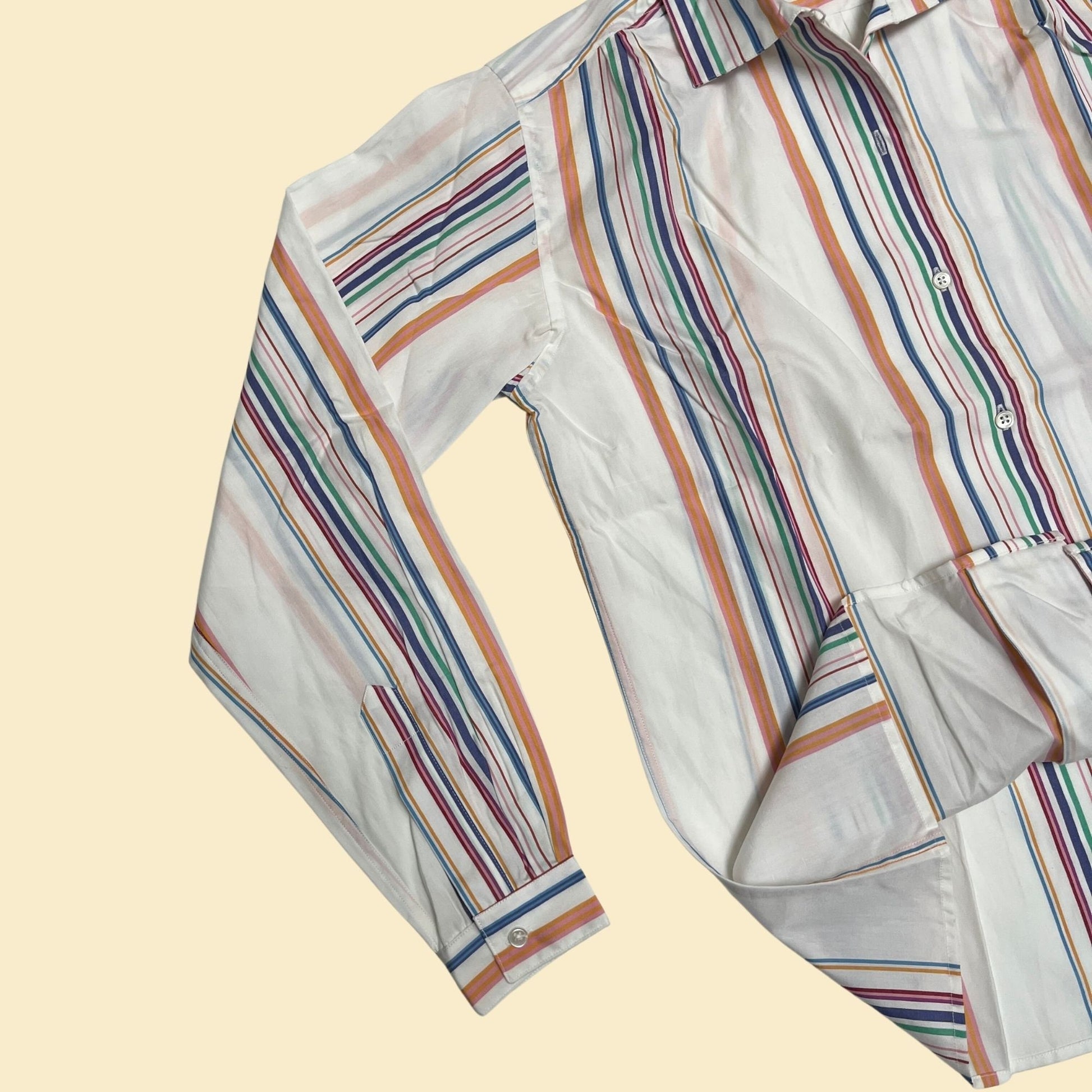 80s Alexander Julian women's blouse, vintage striped 1980s button down shirt in orange, white, purple, teal and pink