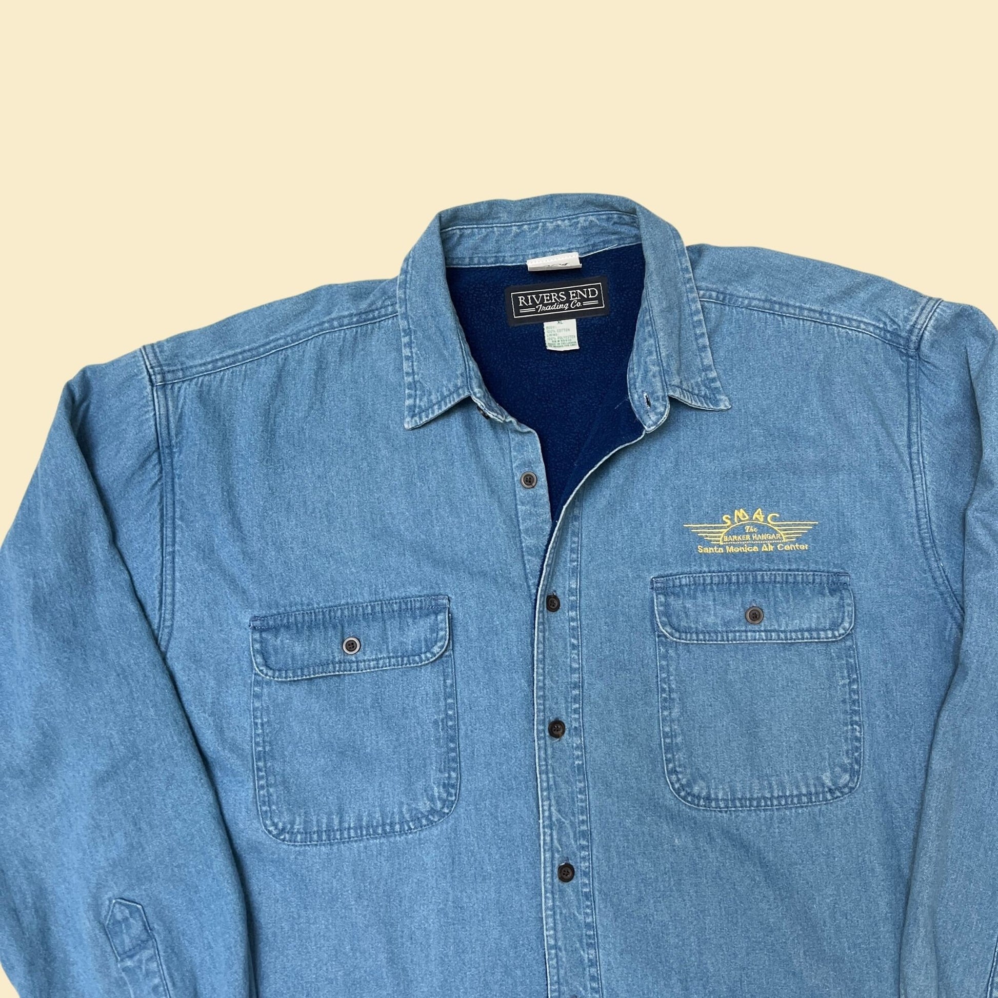 90s fleece lined denim shirt, vintage 1990s chambray button down with Barker Hangar embroidery, XL thick denim shirt