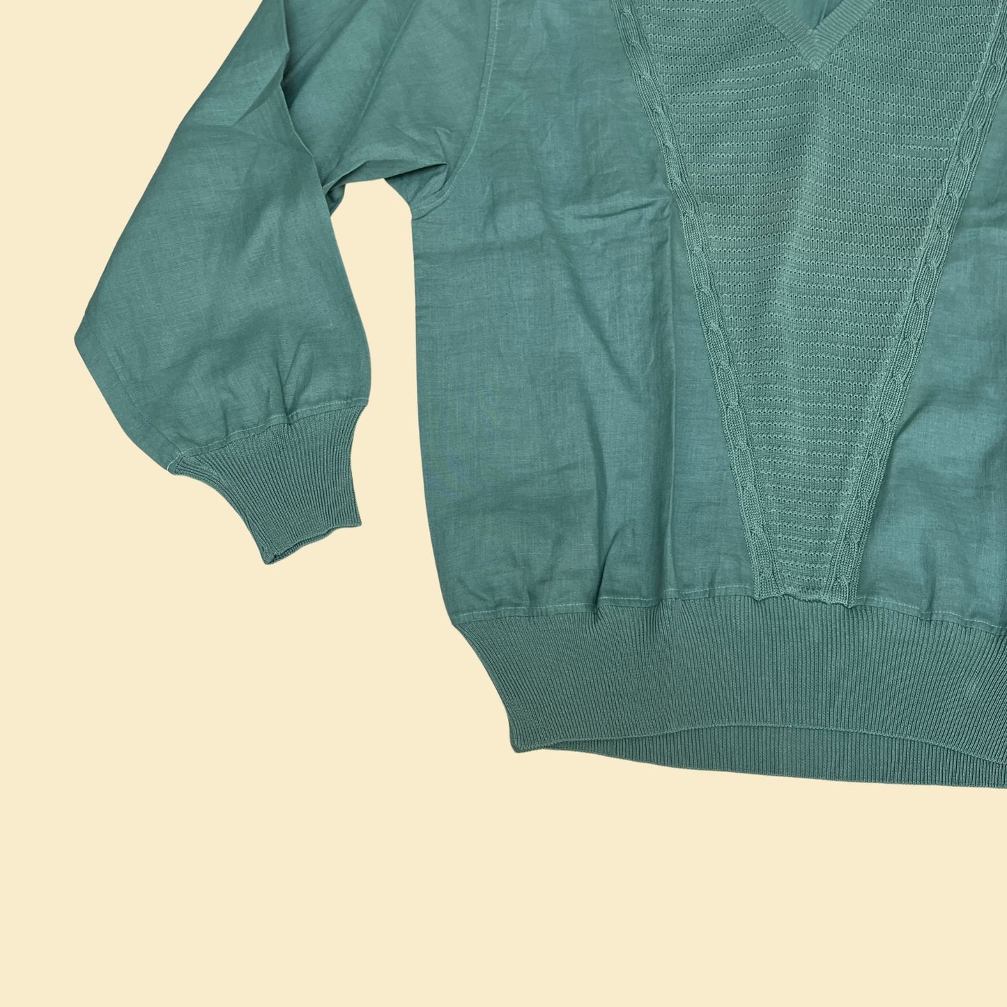 80s Ellesse knit and linen pullover shirt or sweater, vintage 1980s teal Italian long sleeve v-neck, men's size medium to large top