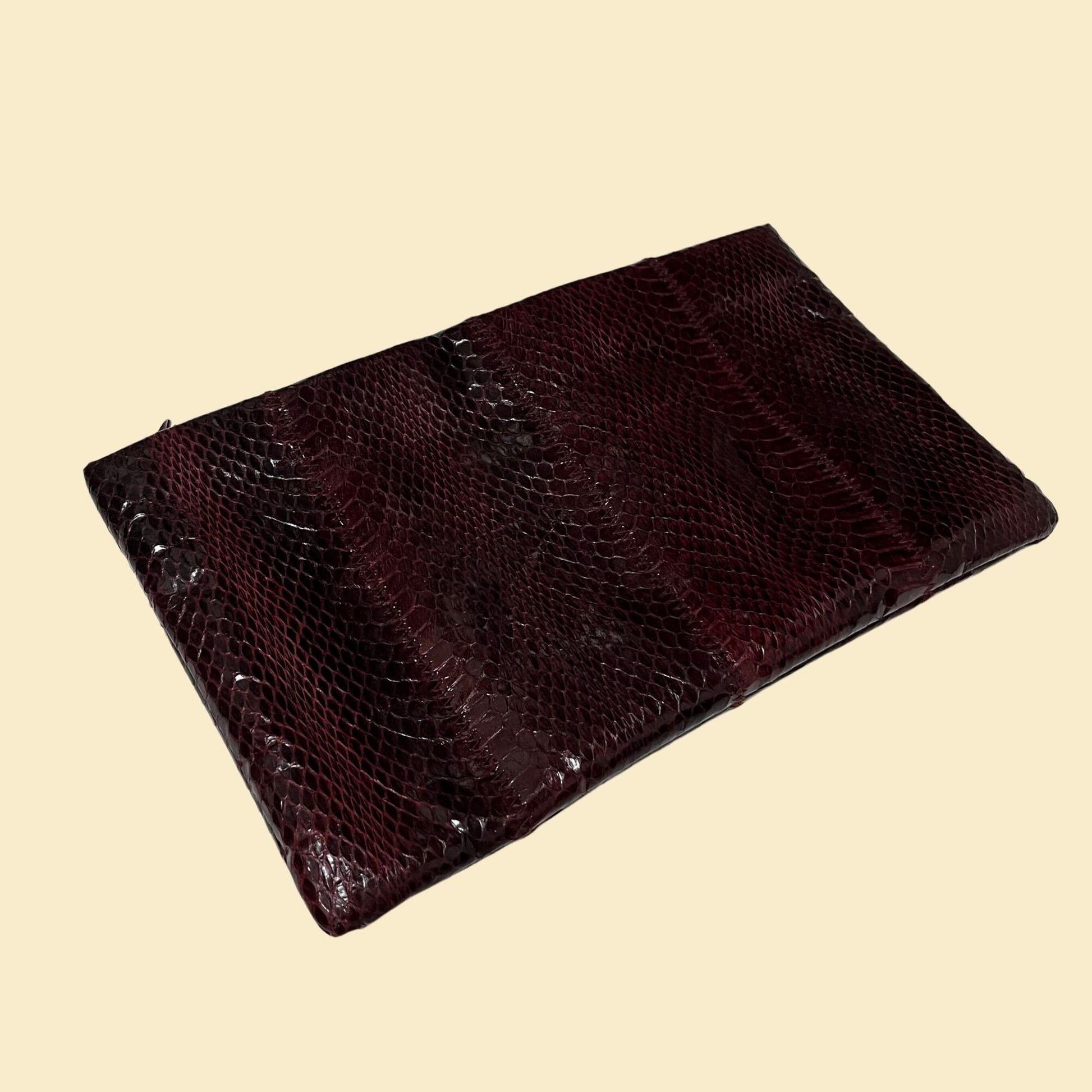 90s clutch handbag by Clemente, vintage 1990s brown faux snake skin bag